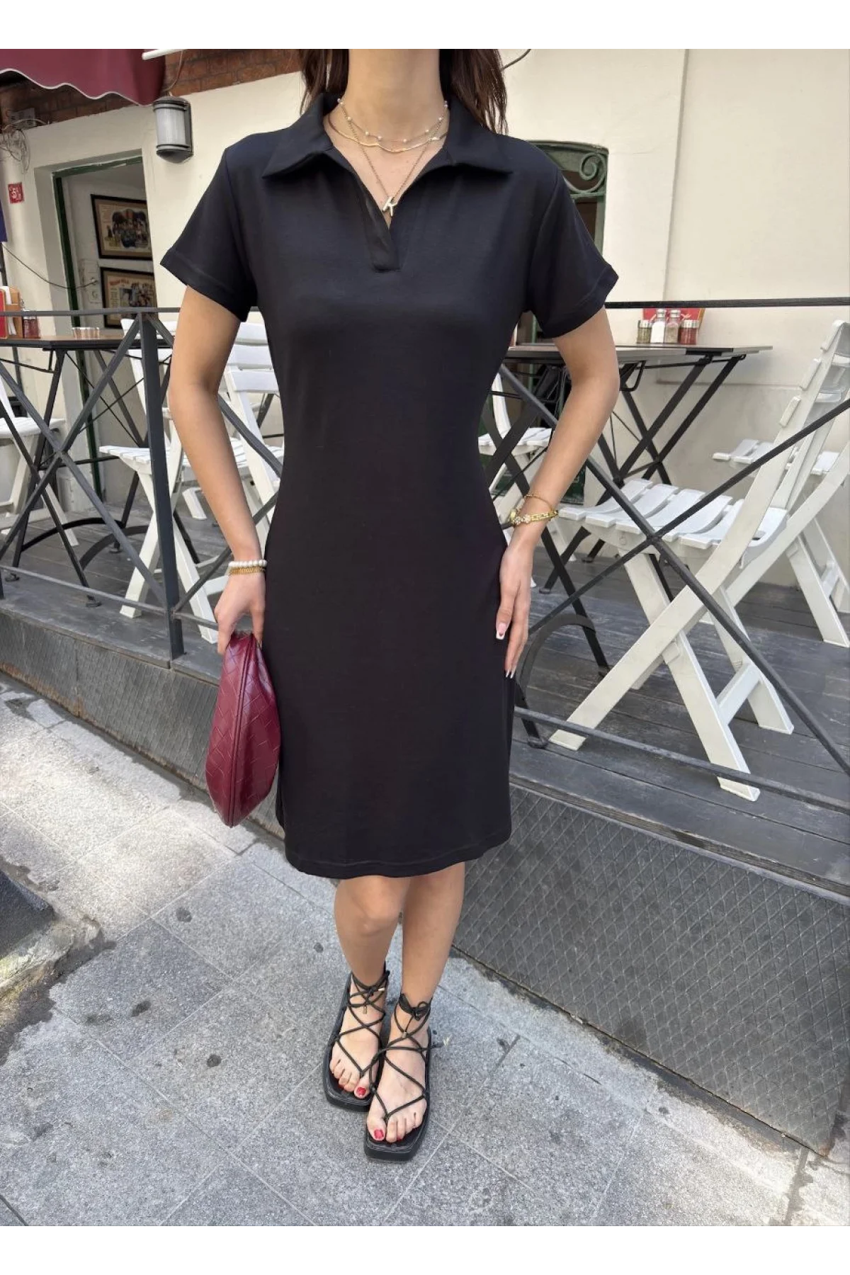 Osy Modal Yumuşak Dokulu Kumaş Yakalı Kısa Kollu Elbise - Siyah