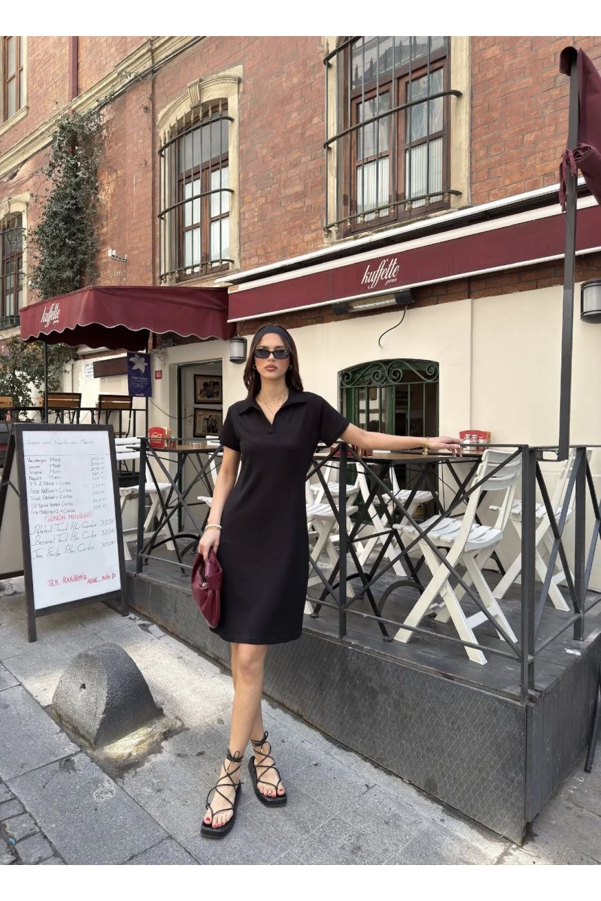 Osy Modal Yumuşak Dokulu Kumaş Yakalı Kısa Kollu Elbise - Siyah