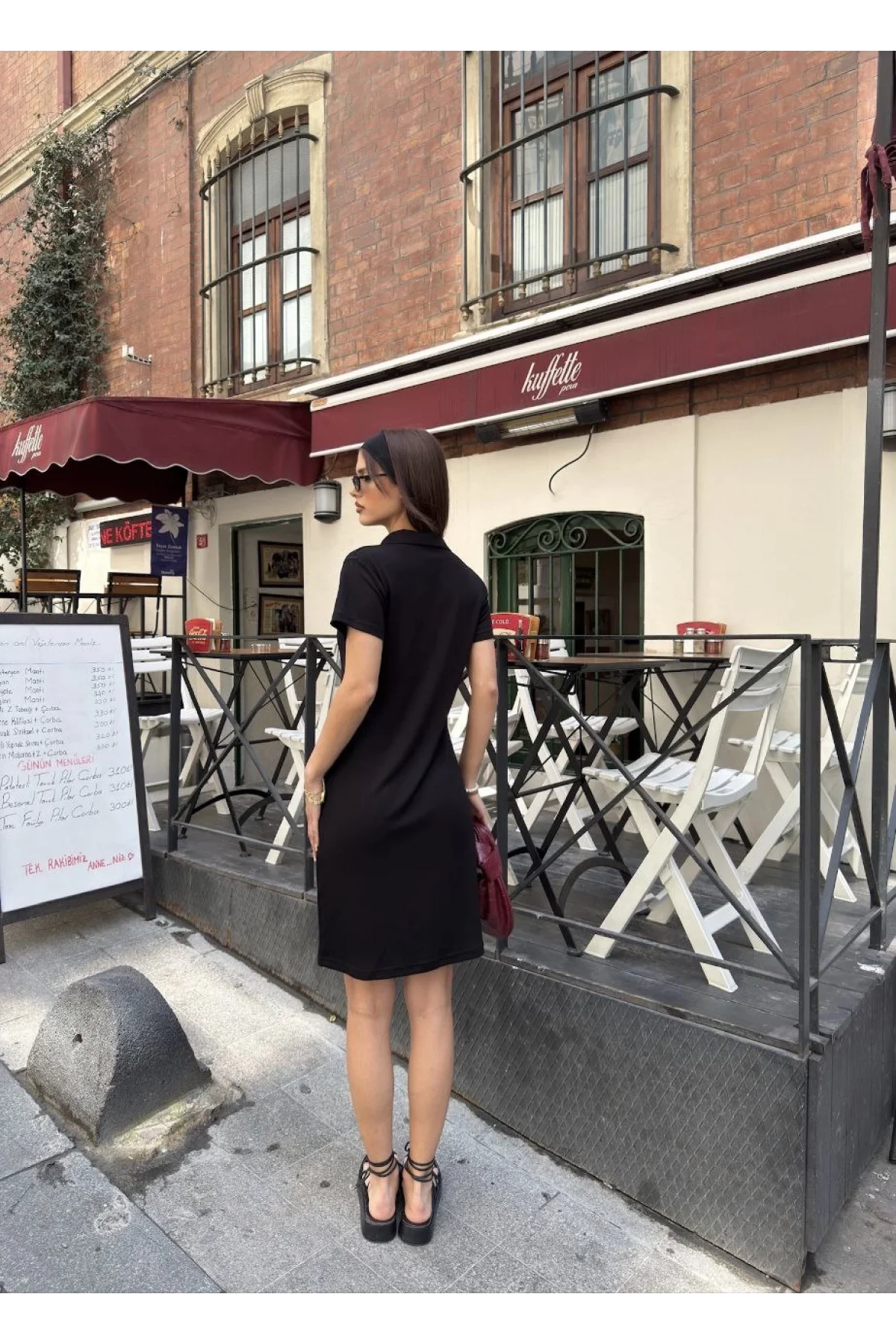 Osy Modal Yumuşak Dokulu Kumaş Yakalı Kısa Kollu Elbise - Siyah