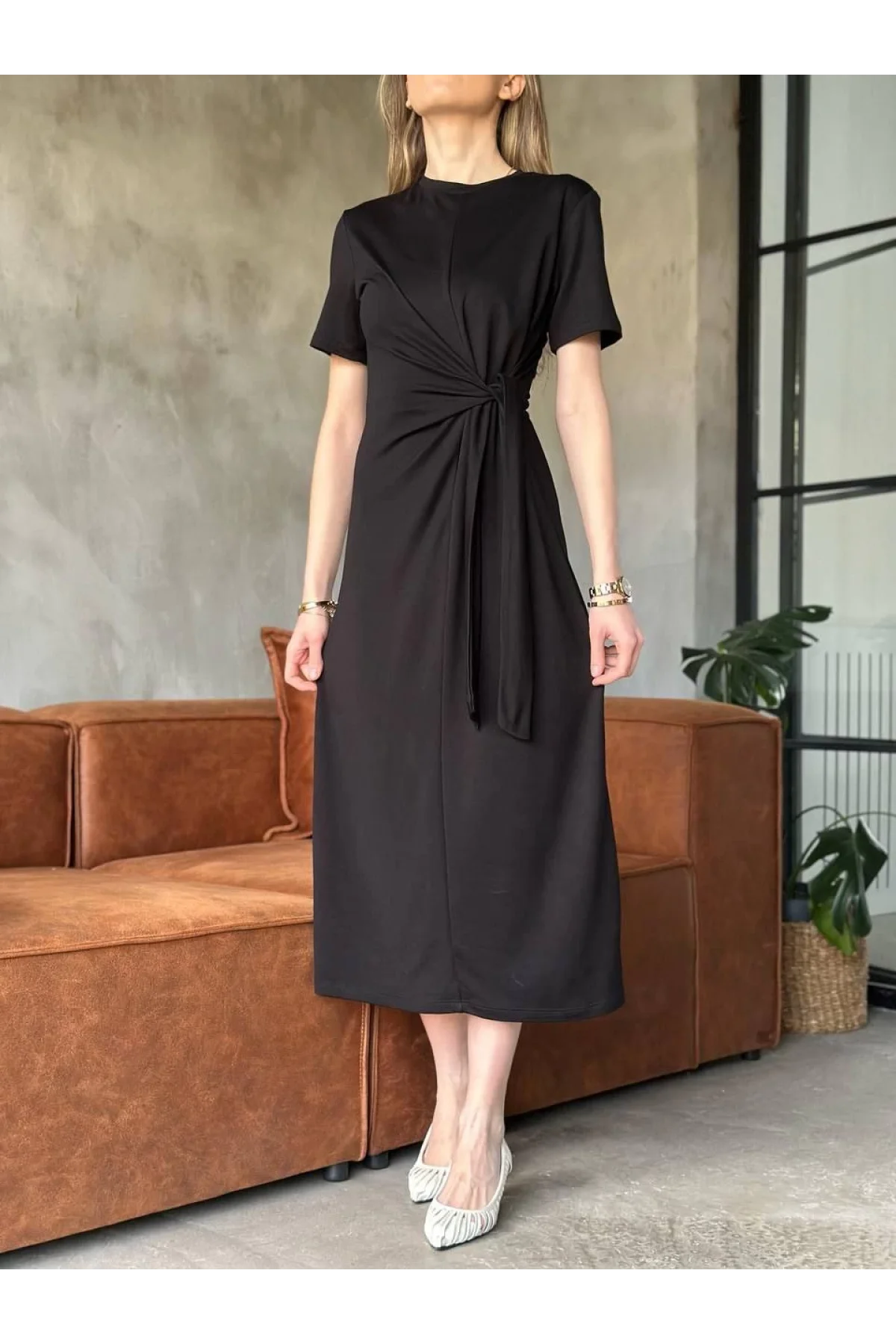 Osy Modal Yumuşak Dokulu Kumaş Yandan Bağlamalı Elbise - Siyah