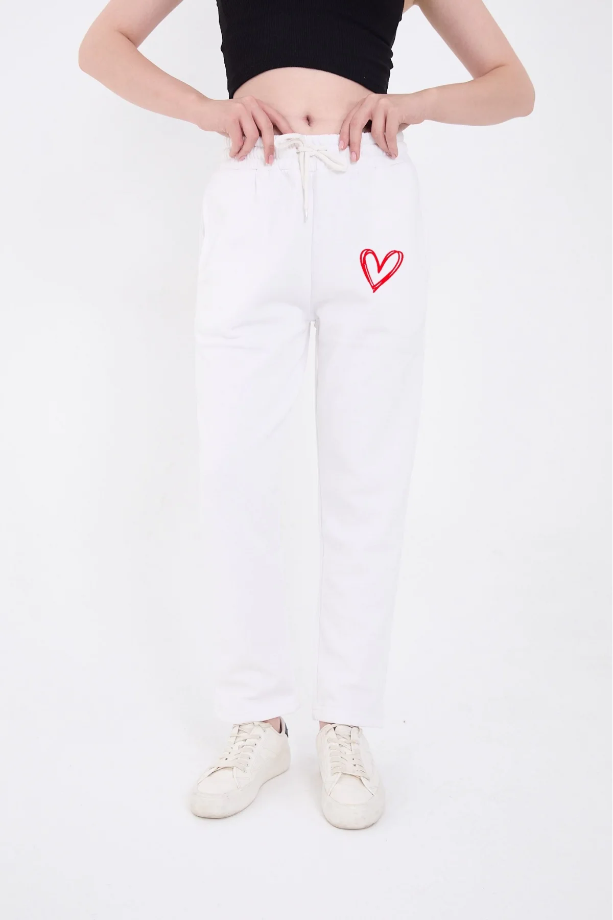 Kadın Üç İplik Pamuklu  Baskılı Paçası Lastikli Cepli Eşofman Pantolon - Beyaz