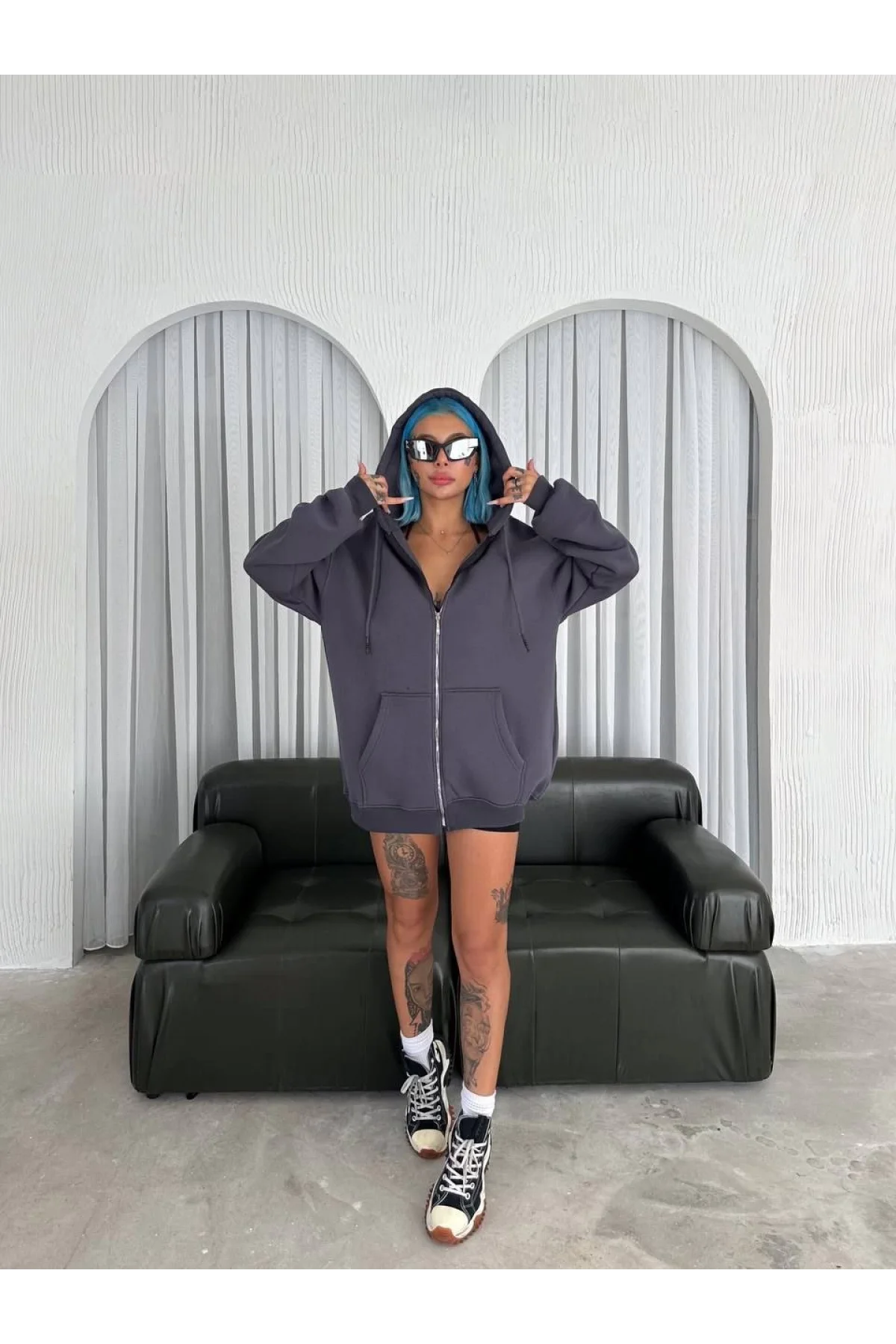 Kadın Oversize Tam Fermuarlı Uzun Kol Hırka - Füme