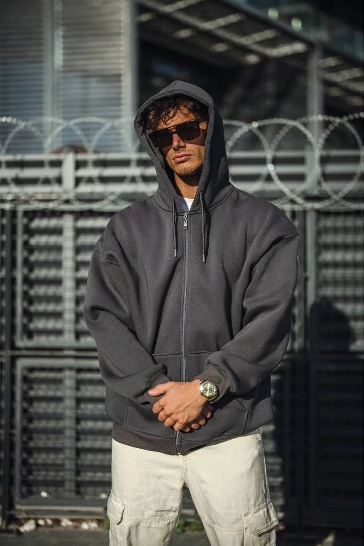 Erkek Tam Fermuarlı Cepli Kapüşonlu 3 iplik pamuklu hoodie Sweatshirt - Füme