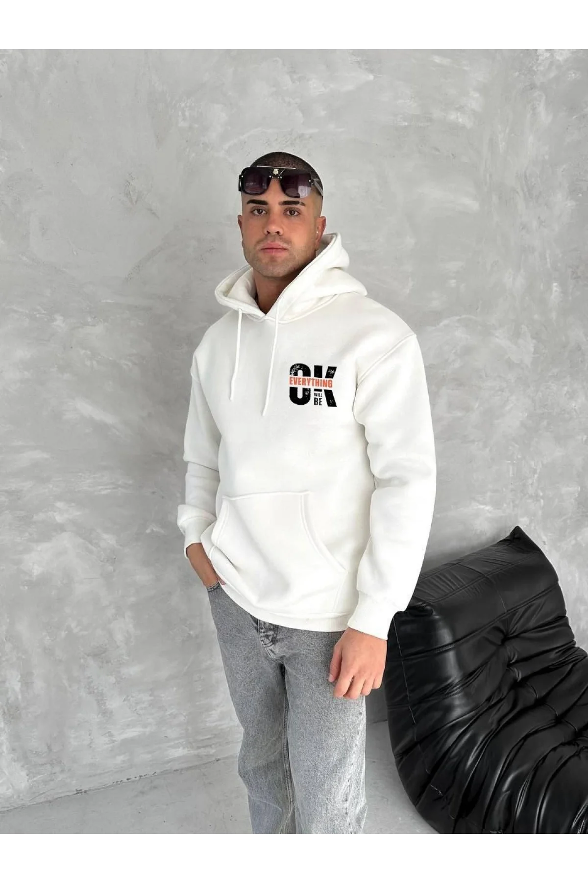 Oversize Üç İplik Kapüşonlu SweatShirt - Beyaz