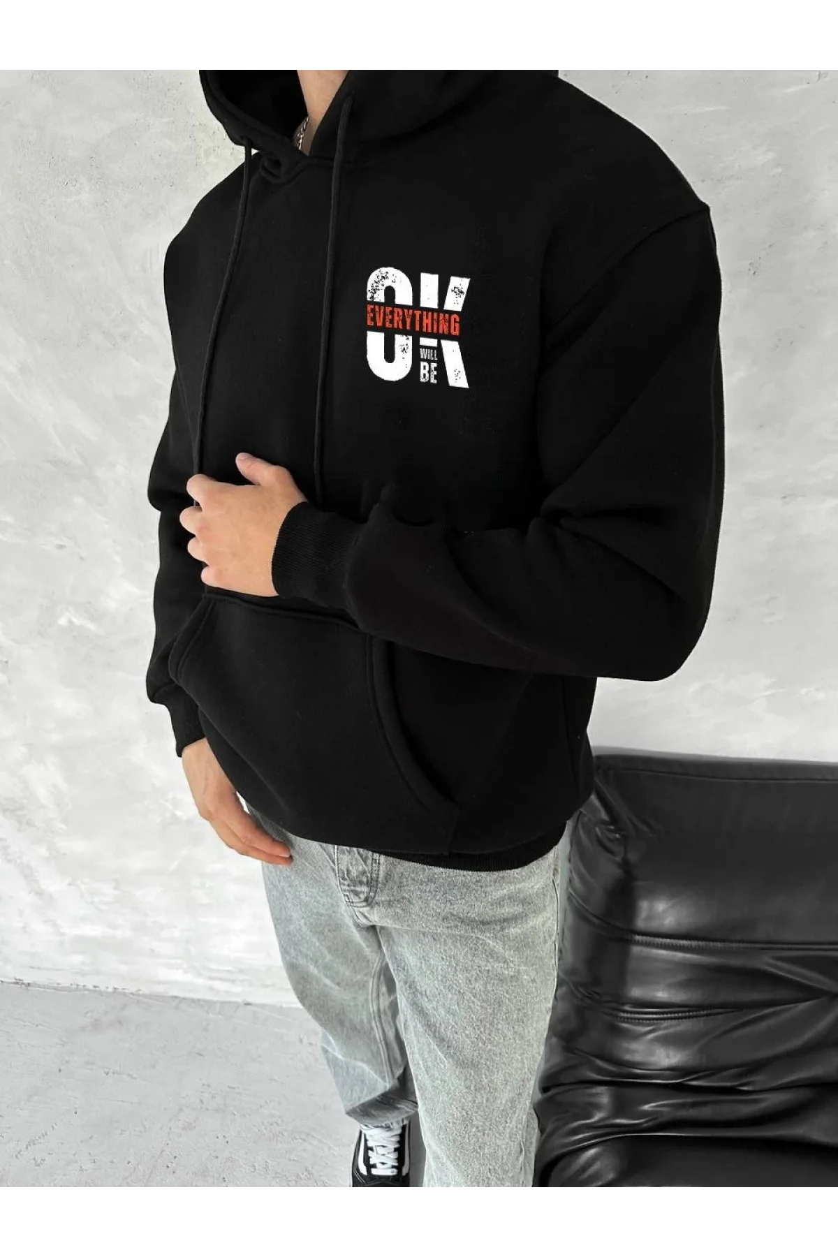 Oversize Üç İplik Kapüşonlu SweatShirt - Siyah