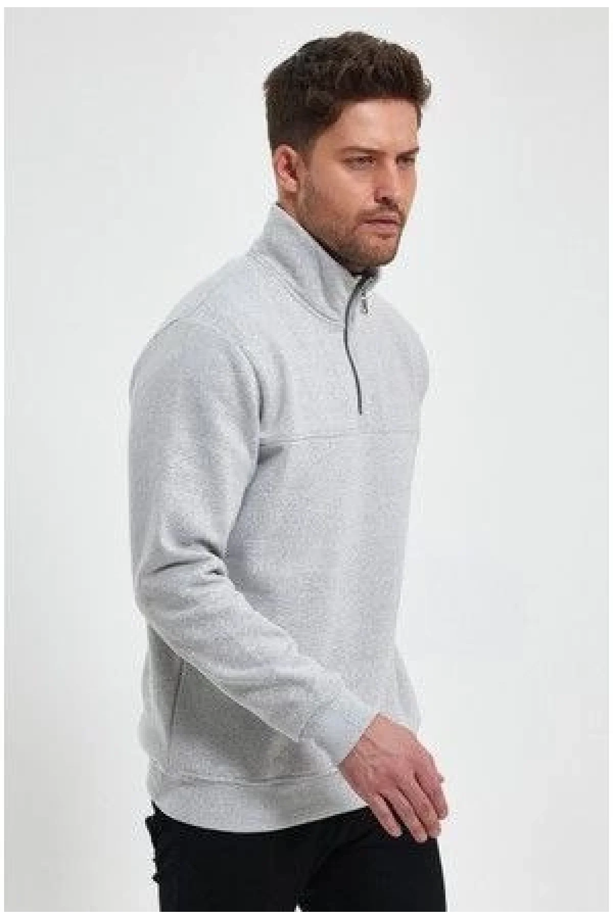 Oversize Yarım Farmuarlı Yakalı Basic SweatShirt - Gri