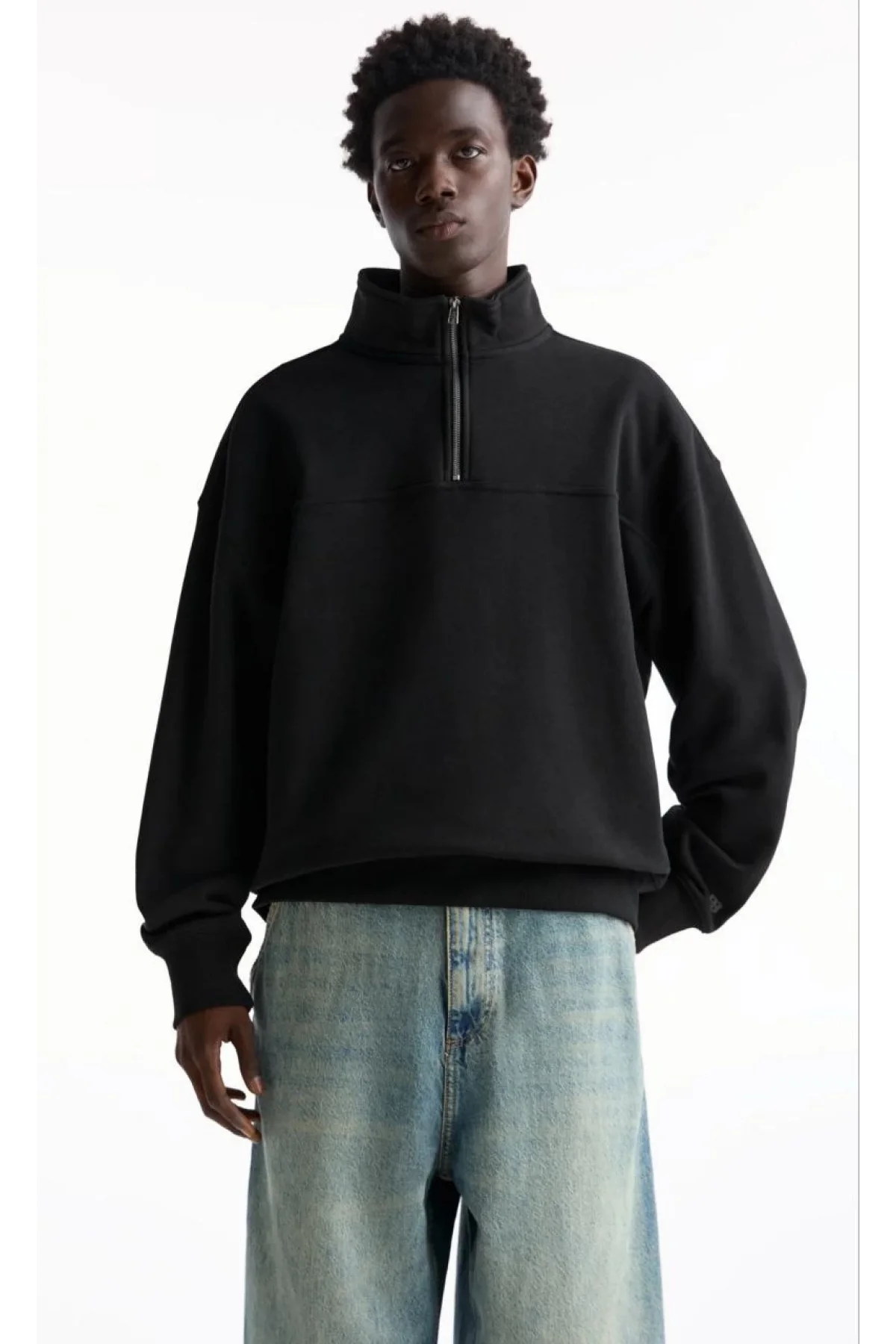 Oversize Yarım Farmuarlı Yakalı Basic SweatShirt - Siyah