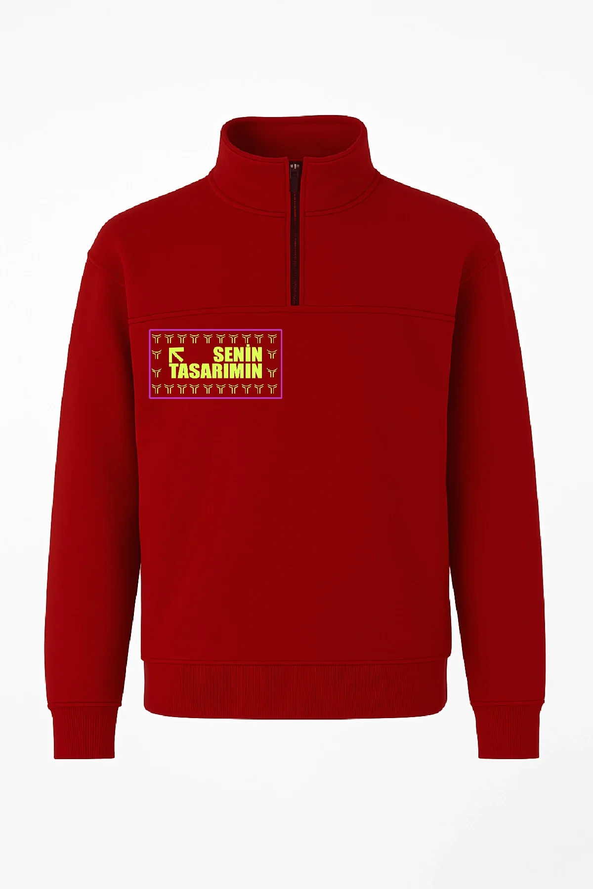 Ön Arka Yarım Fermuarlı Oversize Yakalı Basic SweatShirt - Kırmızı