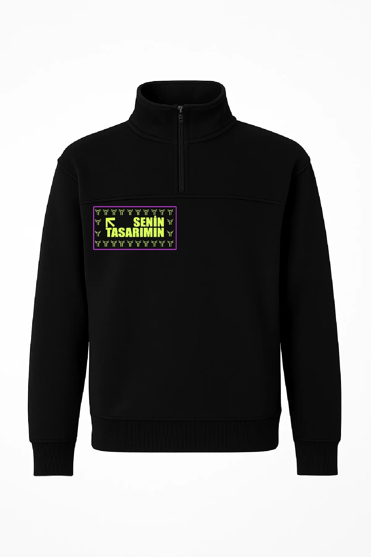 Ön Arka Yarım Fermuarlı Oversize Yakalı Basic SweatShirt - Siyah