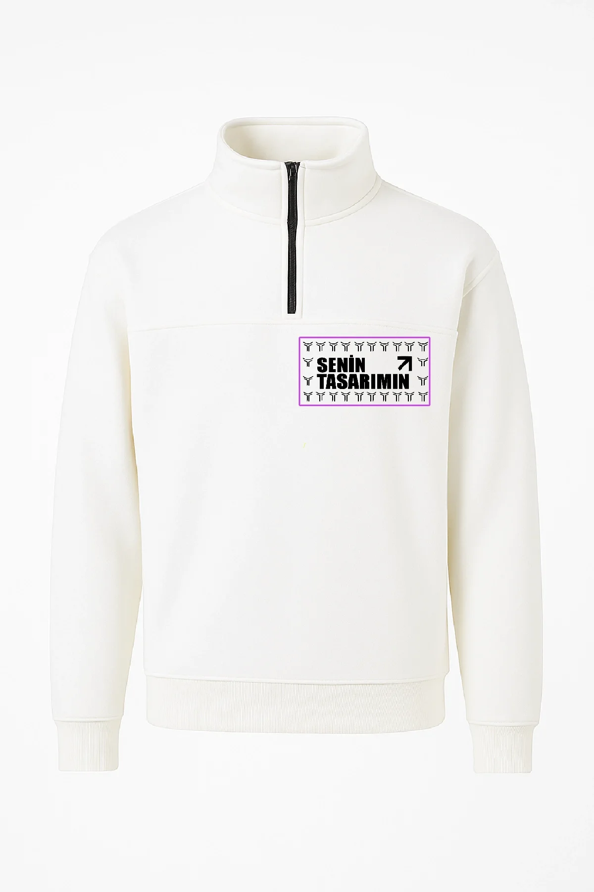 Ön Yarım Fermuarlı Oversize Yakalı Basic SweatShirt - Beyaz