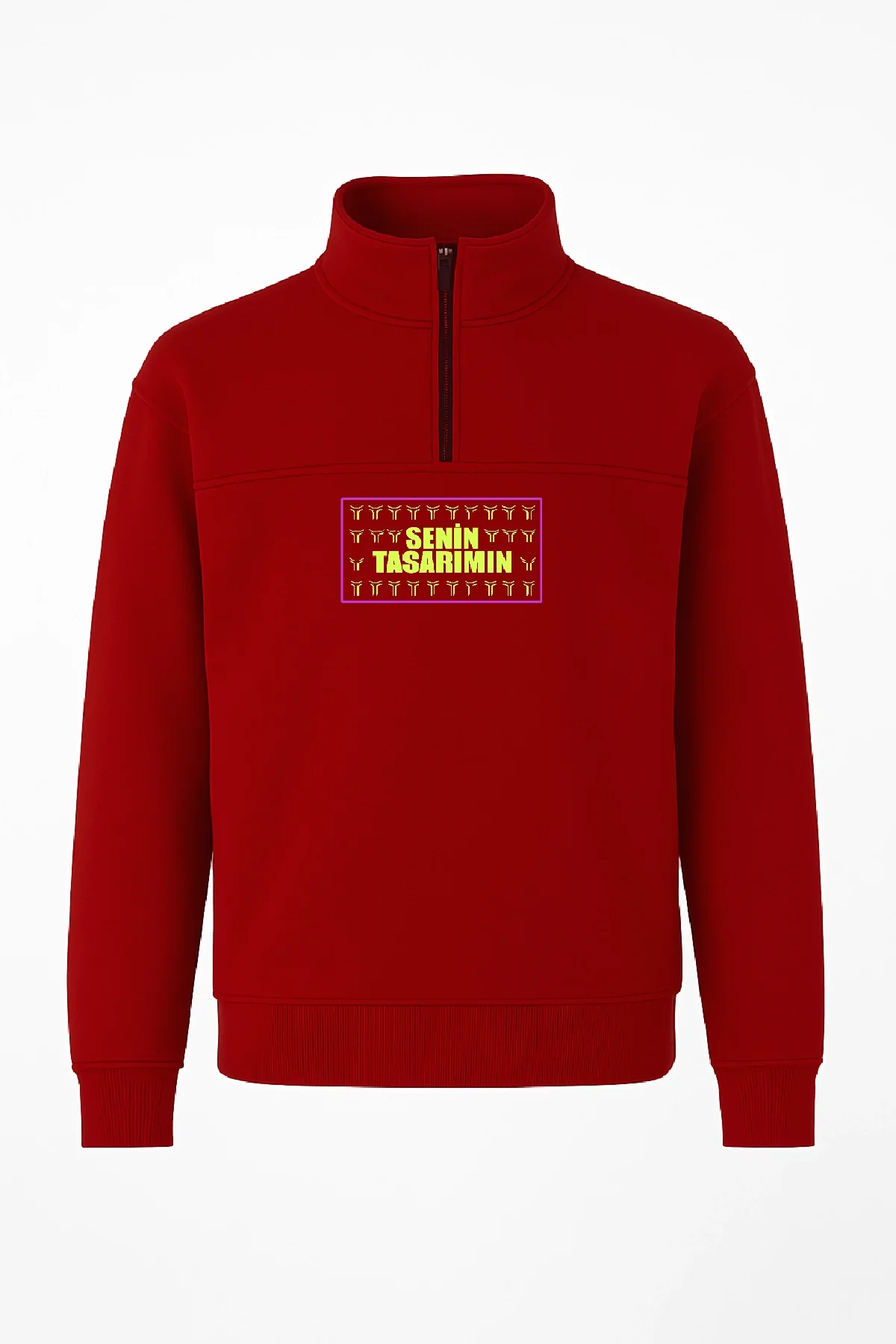 Ön Yarım Fermuarlı Oversize Yakalı Basic SweatShirt - Kırmızı