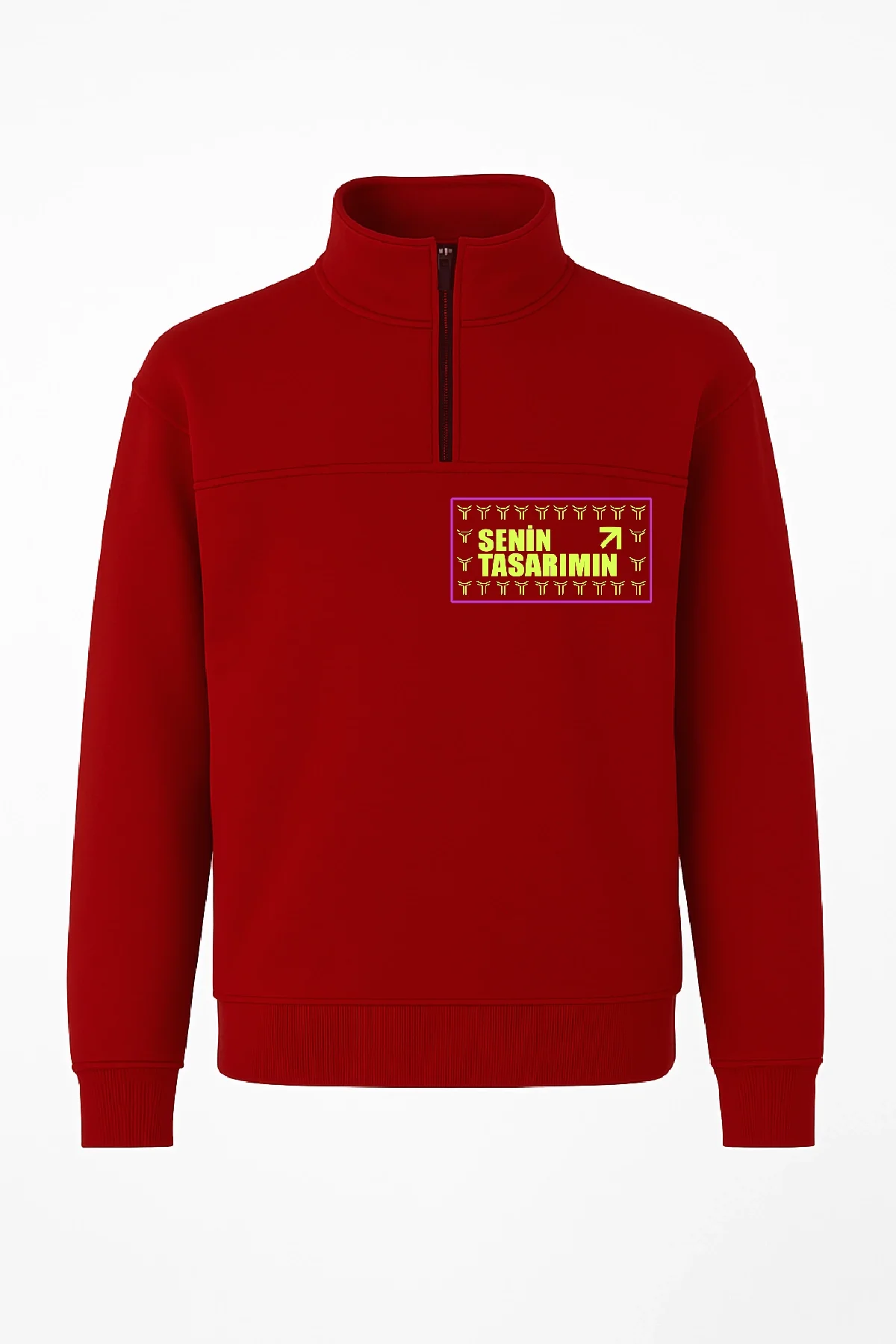 Ön Yarım Fermuarlı Oversize Yakalı Basic SweatShirt - Kırmızı