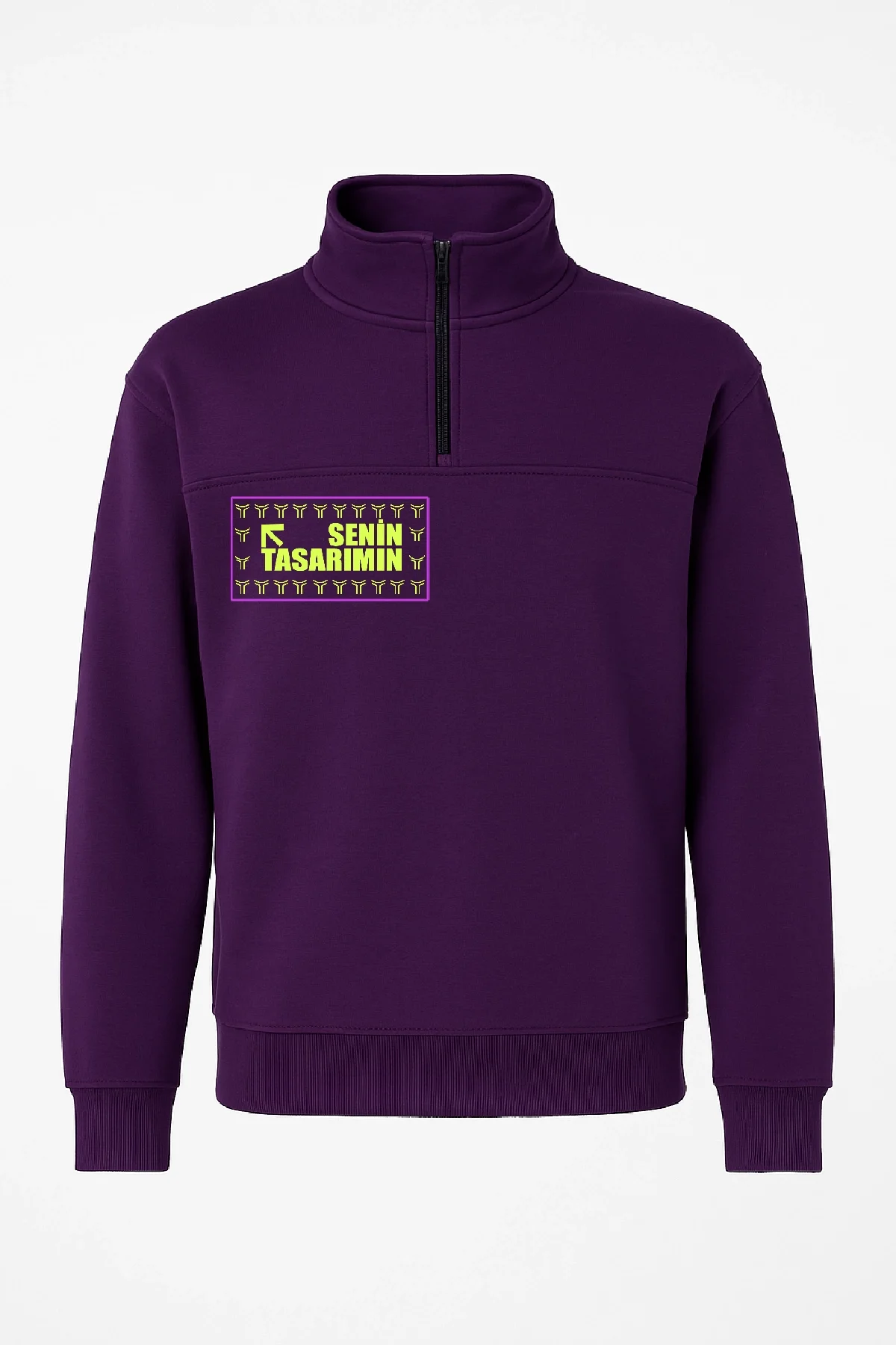Ön Yarım Fermuarlı Oversize Yakalı Basic SweatShirt - Mor