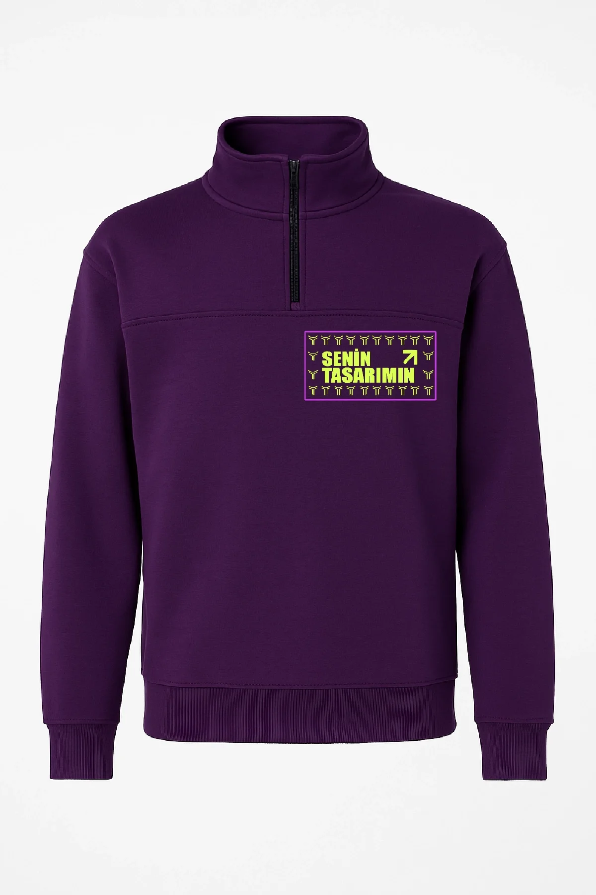 Ön Yarım Fermuarlı Oversize Yakalı Basic SweatShirt - Mor