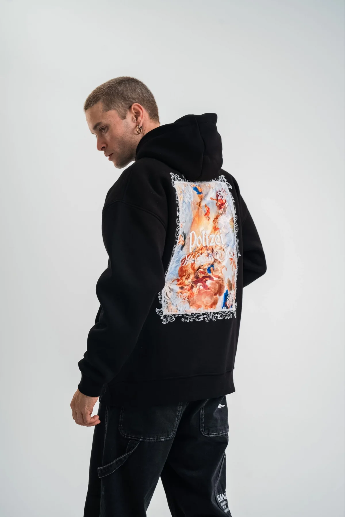 Üç İplik Kapşonlu Dijital Patchli SweatShirt - Siyah