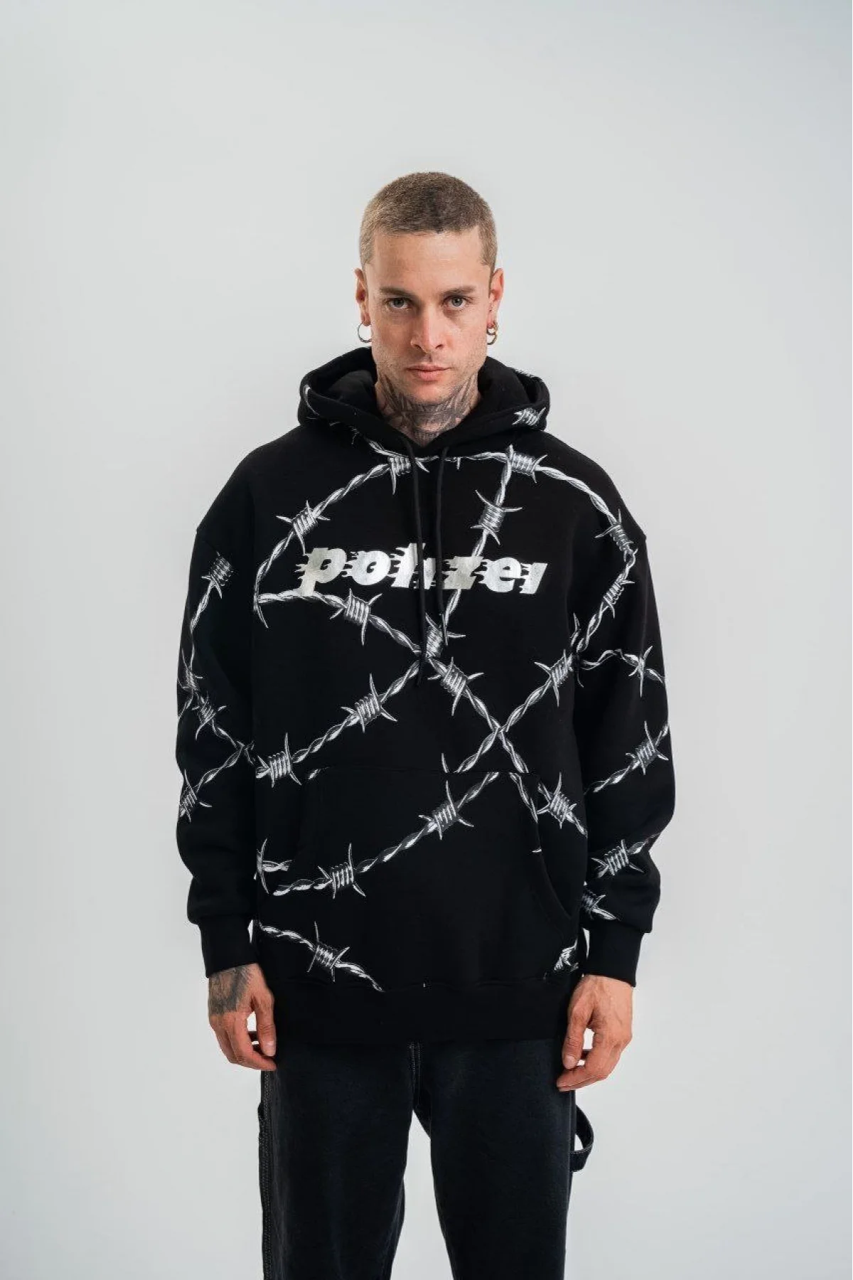 Unisex Kapşonlu Varak ve Pano Baskılı SweatShirt- Siyah