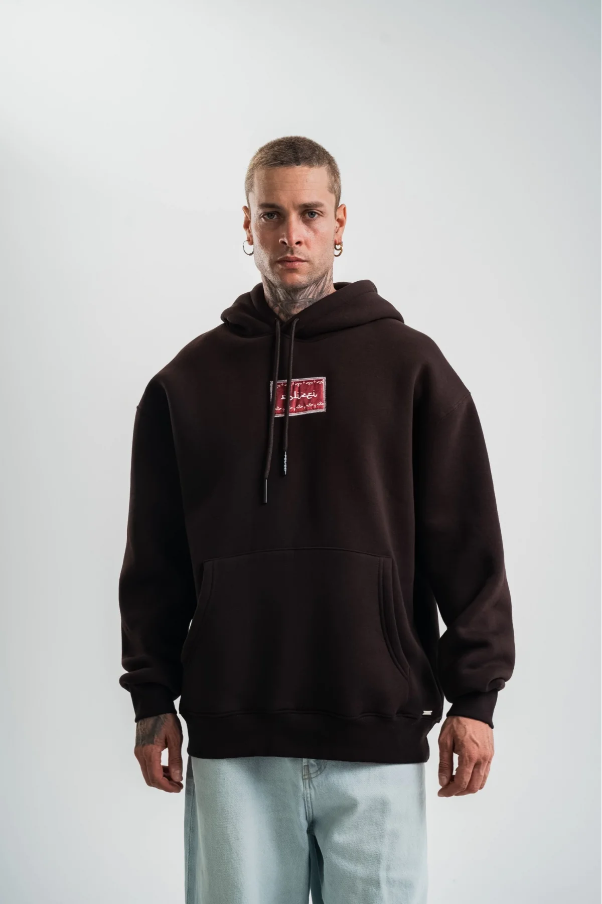 Double Oversize Kapşonlu Dijital Patchli SweatShirt - Kahve