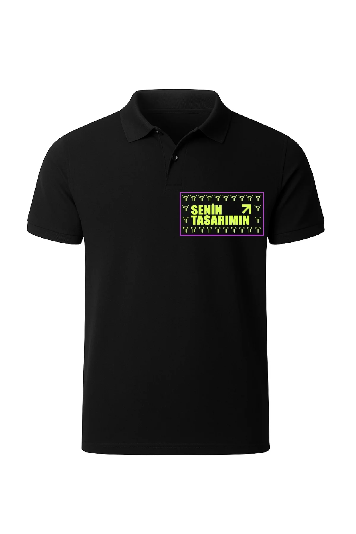 Ön Polo Yaka Pike Peteklı Tişört - Siyah