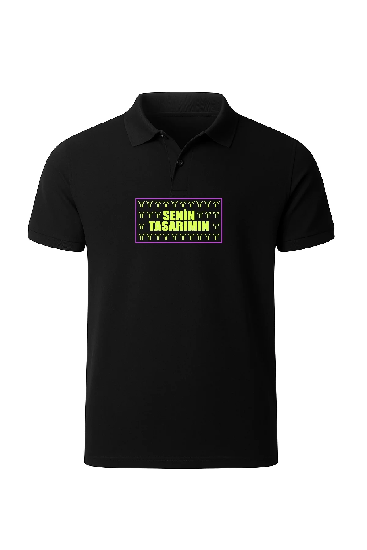 Ön Polo Yaka Pike Peteklı Tişört - Siyah