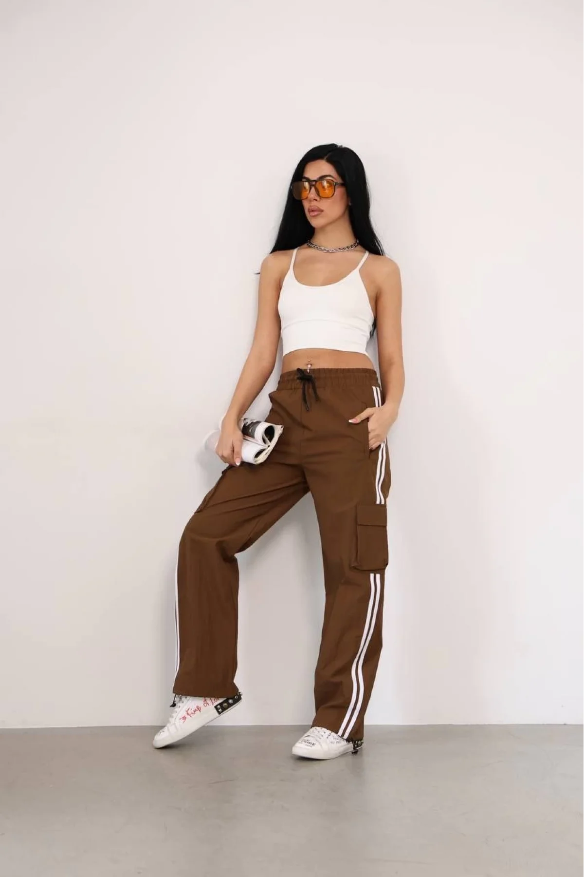 Praşut Kumaş Kargo Çeplı Baggy Esofman - Kahve