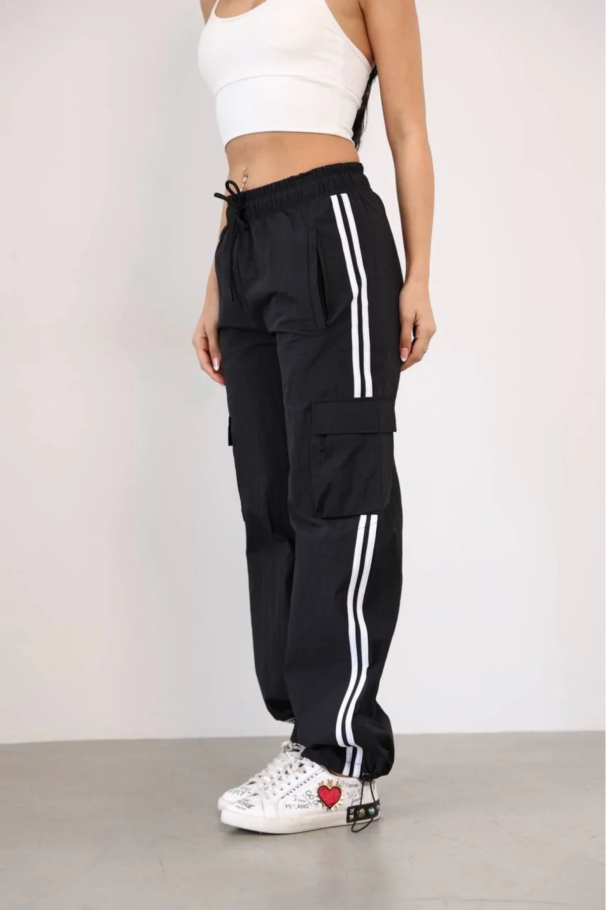 Paraşüt Kumaş Kargo Ceplı Baggy Eşofman - Siyah