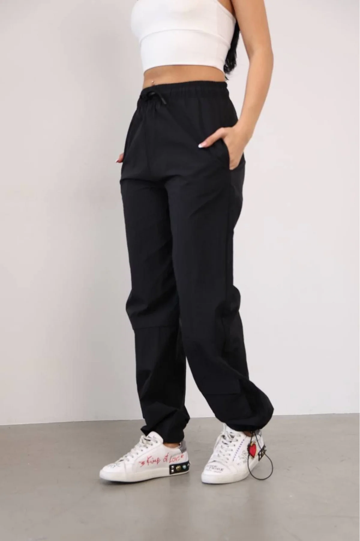 Paraşut Kumaş Paça Cepli Baggy Eşofman - Siyah