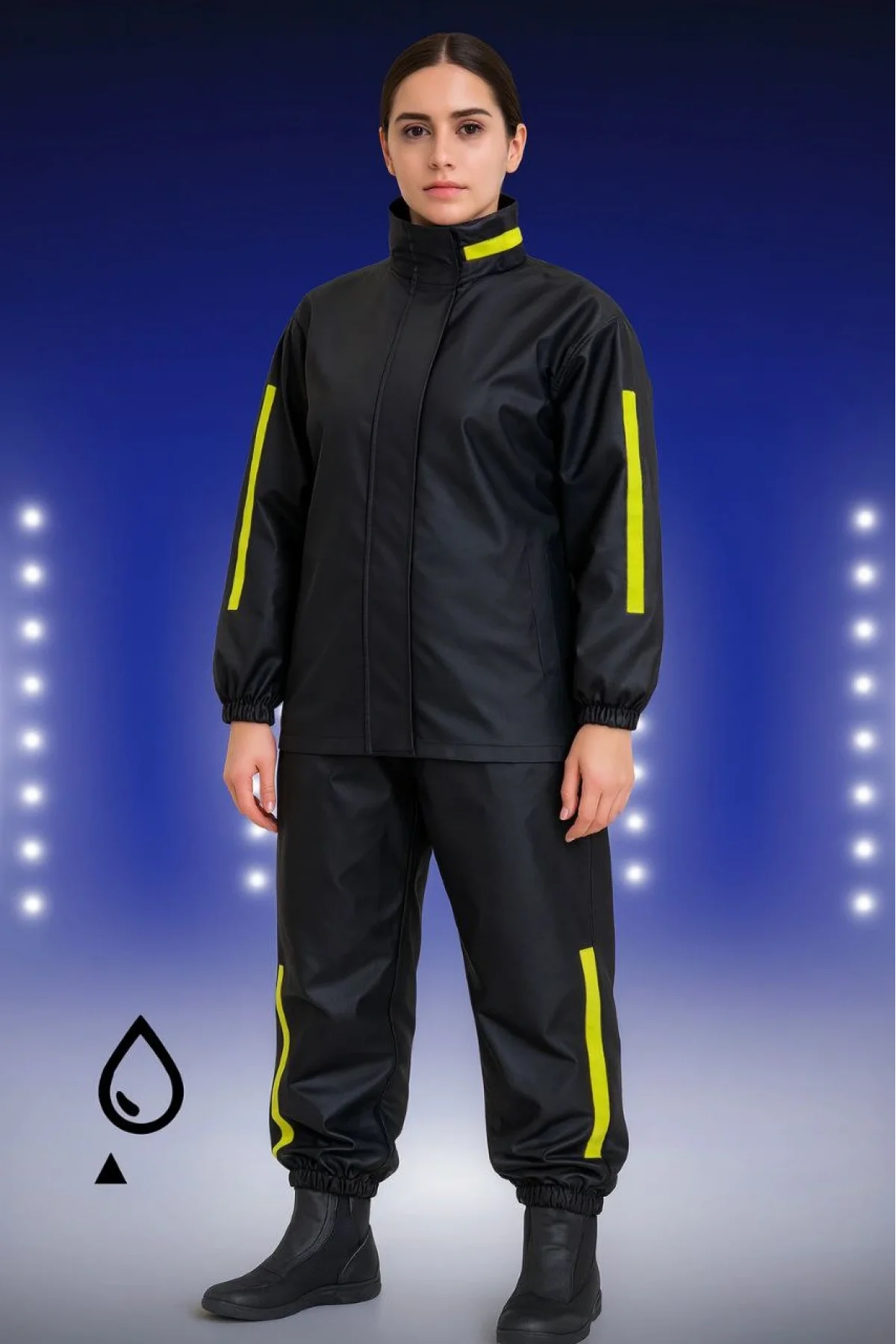 Premium Kadın Motorcu Kurye Yağmurluk Takım Su Geçirmez PVC Kumaş Reflektörlü TÜBİTAK Onaylı - Siyah