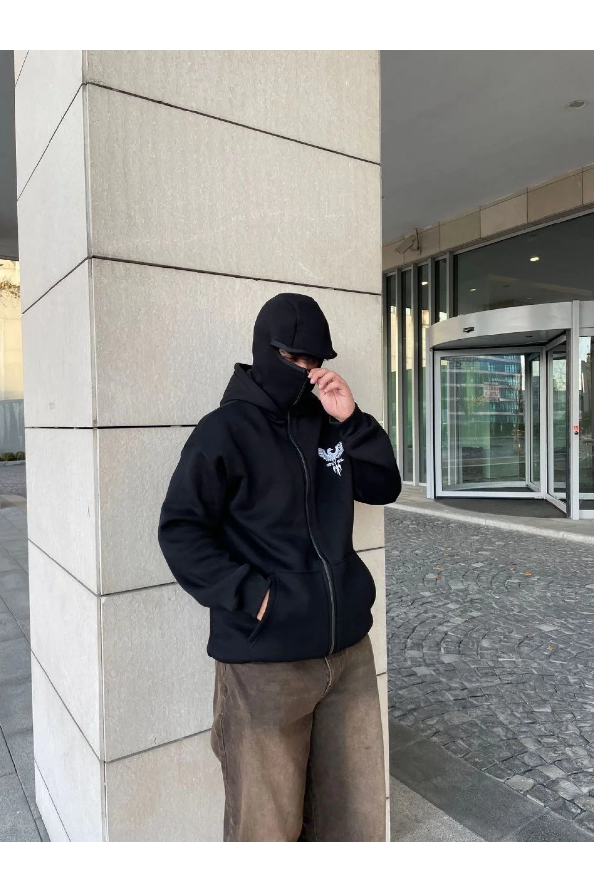 Samuray kapüşonlu ZIP Fermuarlı kapüşonlu SweatShirt - Siyah