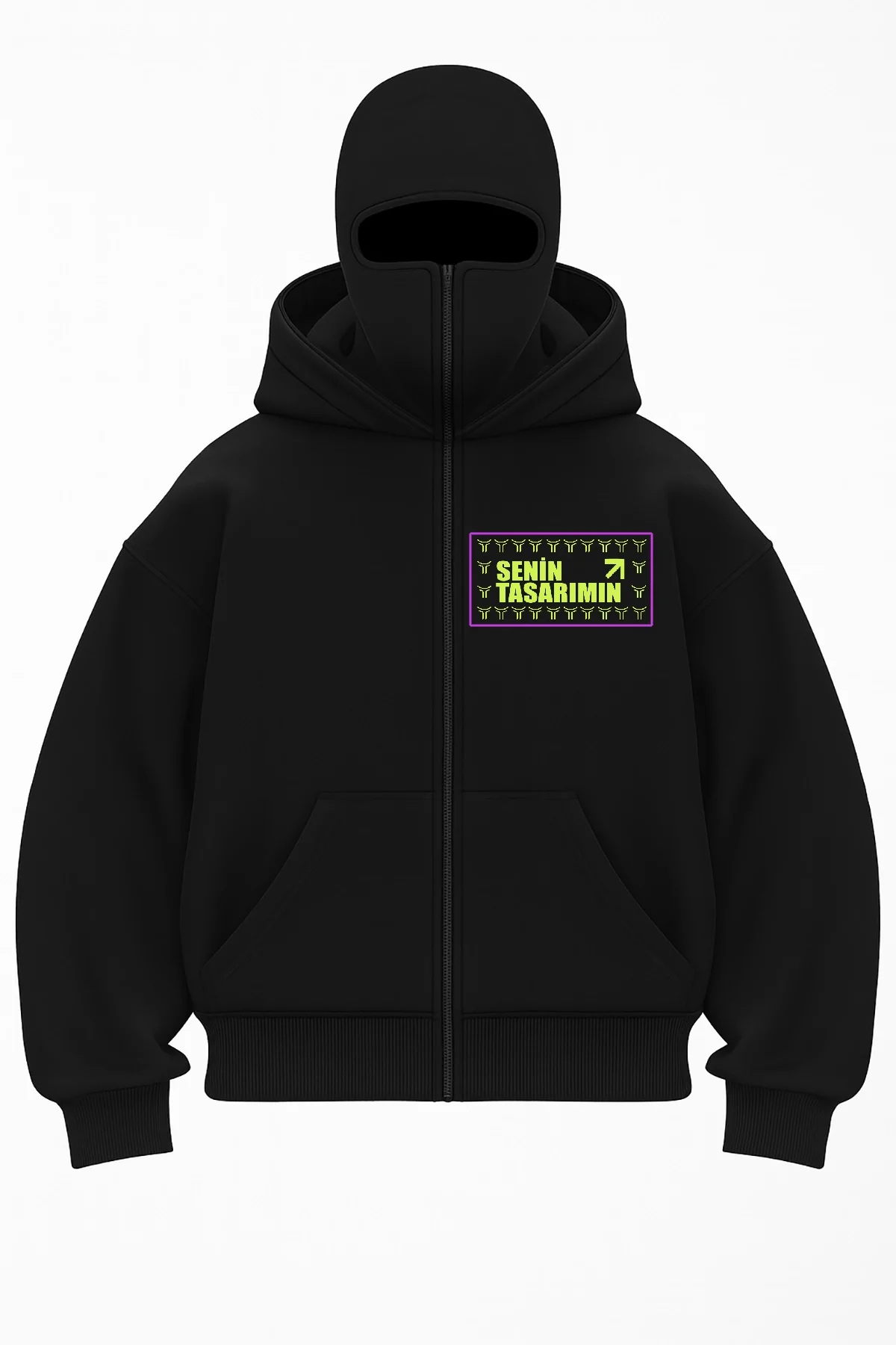 Ön Samuray Kapüşonlu ZIP Fermuarlı Kapüşonlu Sizin Tasarımınız SweatShirt - Siyah