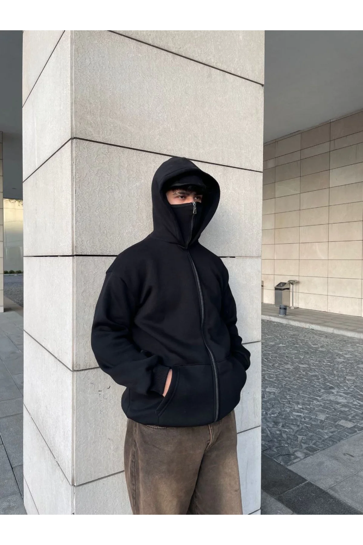 Samuray Kapüşonlu ZIP Fermuarlı Kapüşonlu SweatShirt - Siyah