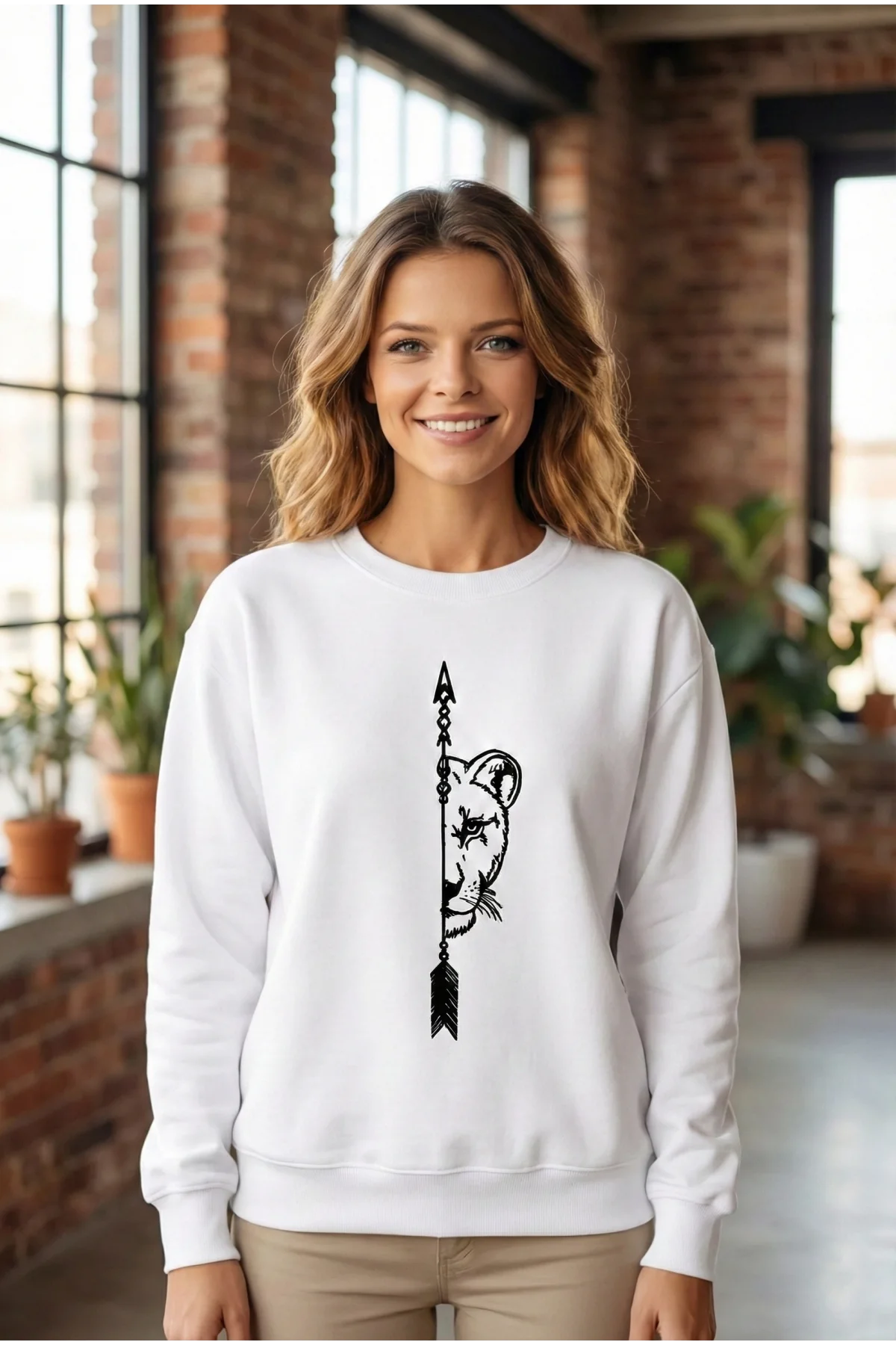 Sevgililer Günü Özel Bisiklet Yaka Aslan Baskılı Oversize Sweatshirt - Beyaz