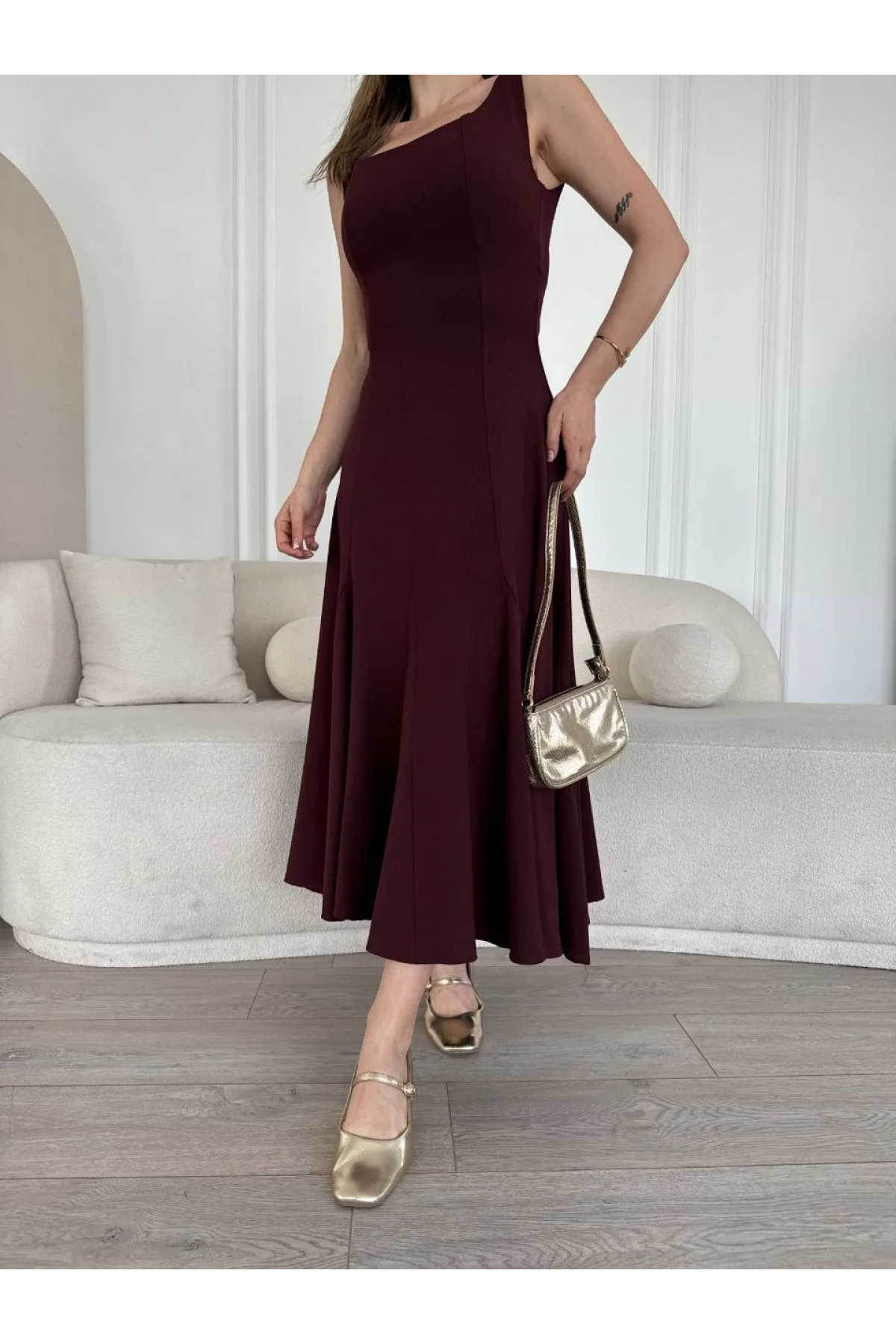 Sırt Dekolteli Kolsuz Uzun Elbise - Mürdüm