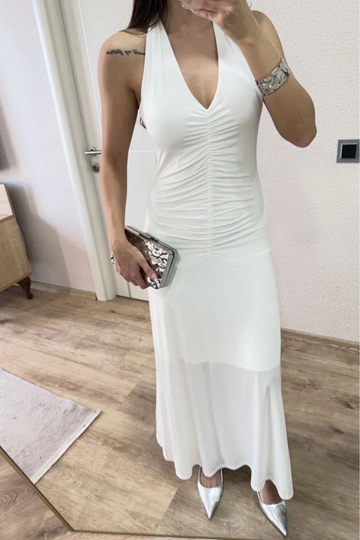 Sırt dekolteli Uzun Elbise - Beyaz