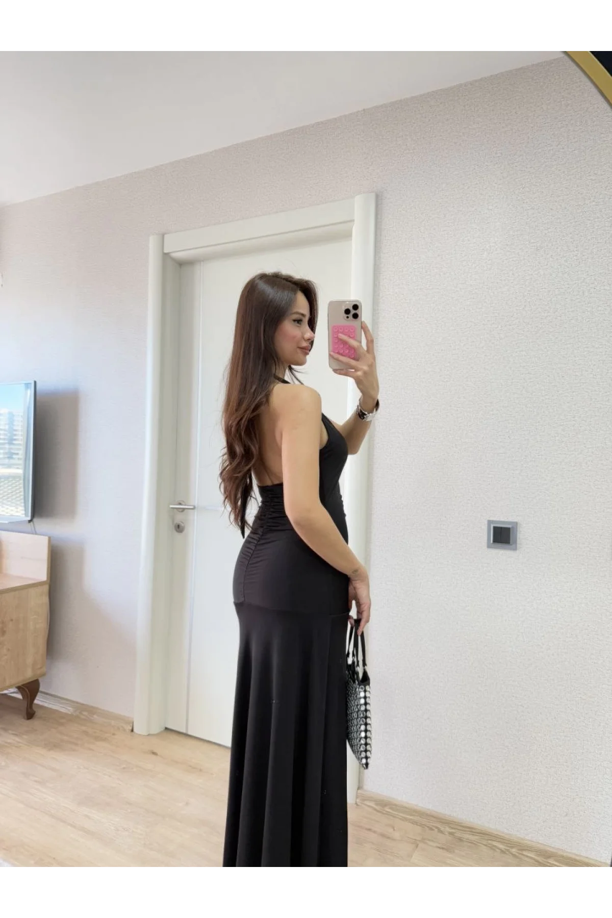 Sırt dekolteli Uzun Elbise - Siyah