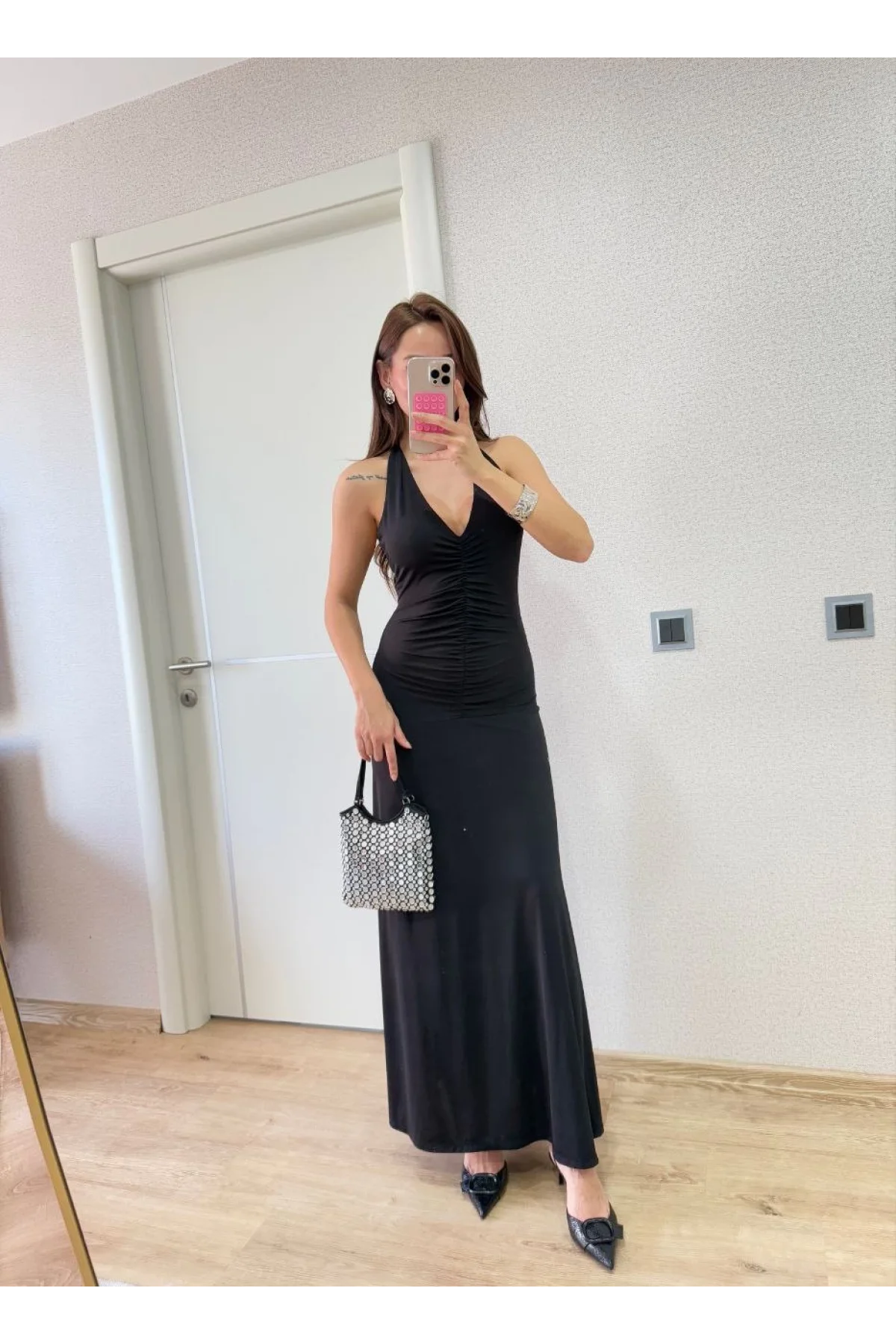 Sırt dekolteli Uzun Elbise - Siyah