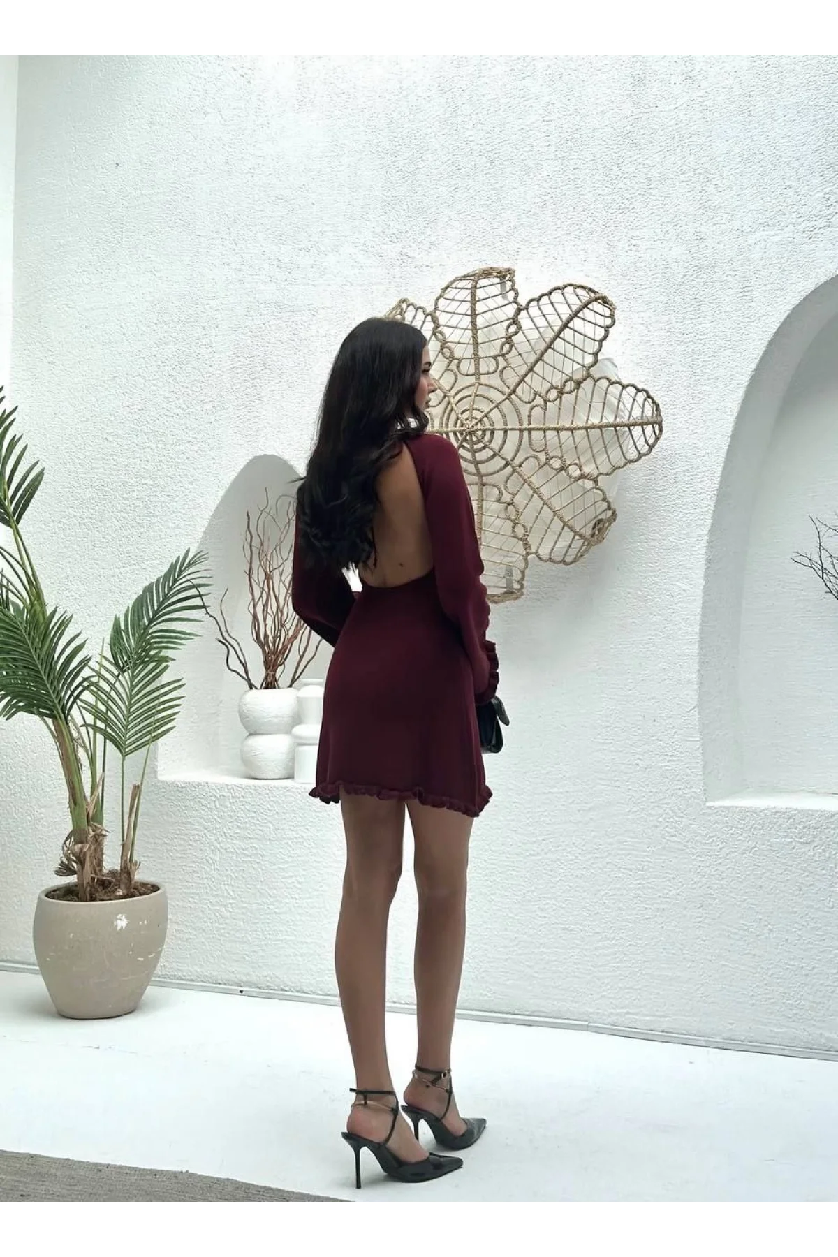 Sırt Pencereli Mini Triko Elbise - Bordo