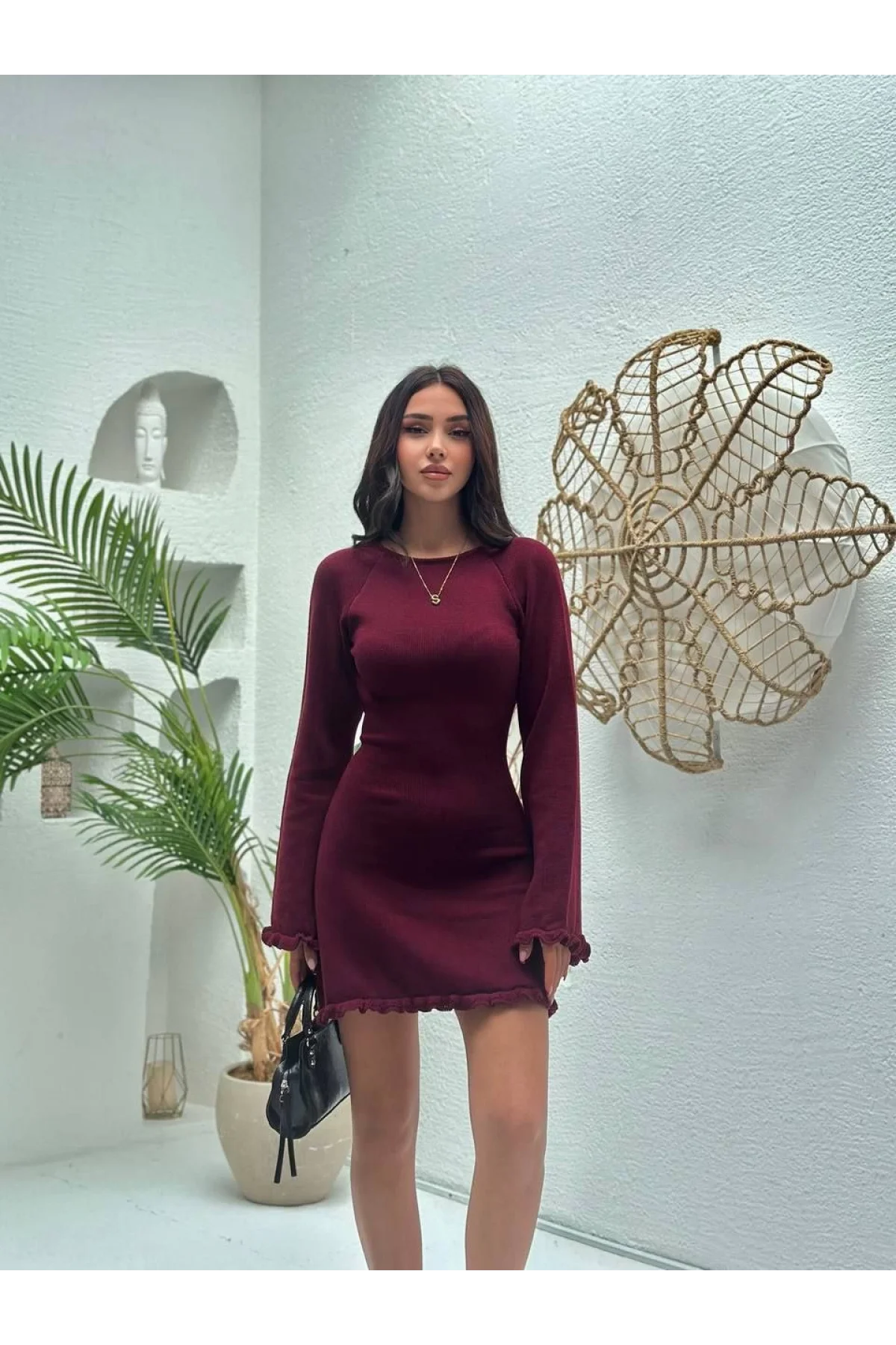 Sırt Pencereli Mini Triko Elbise - Bordo