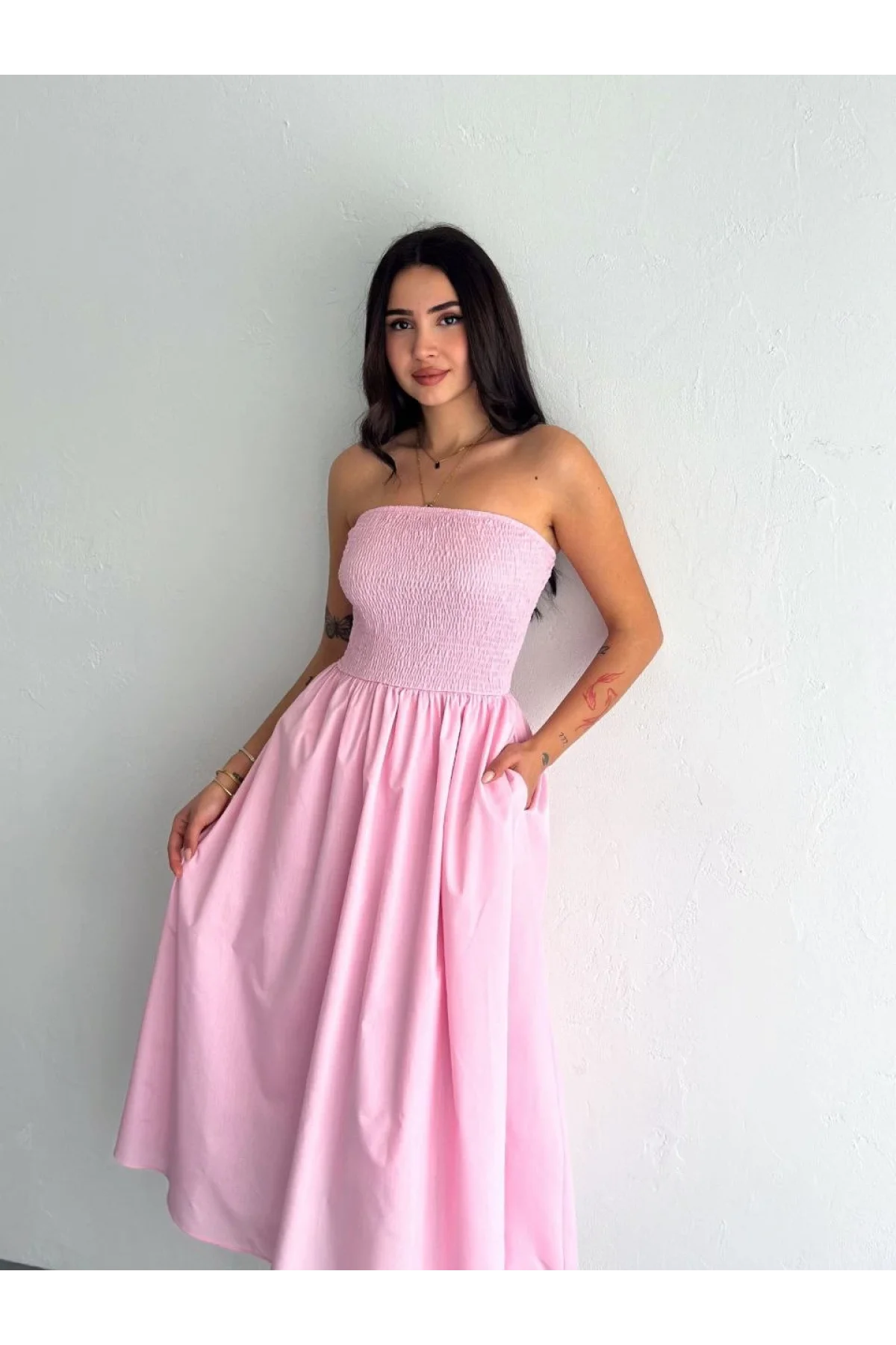 Straplez Pileli Elbise - Pembe