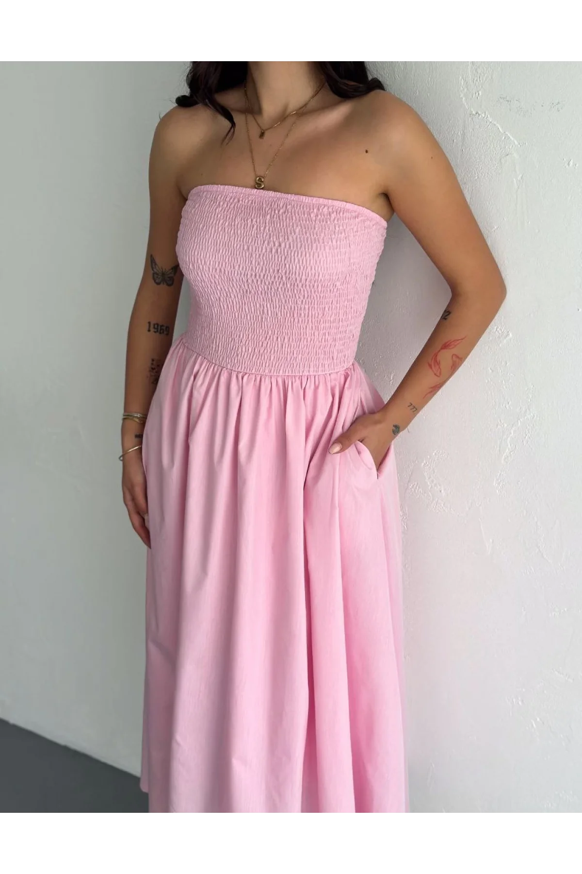 Straplez Pileli Elbise - Pembe