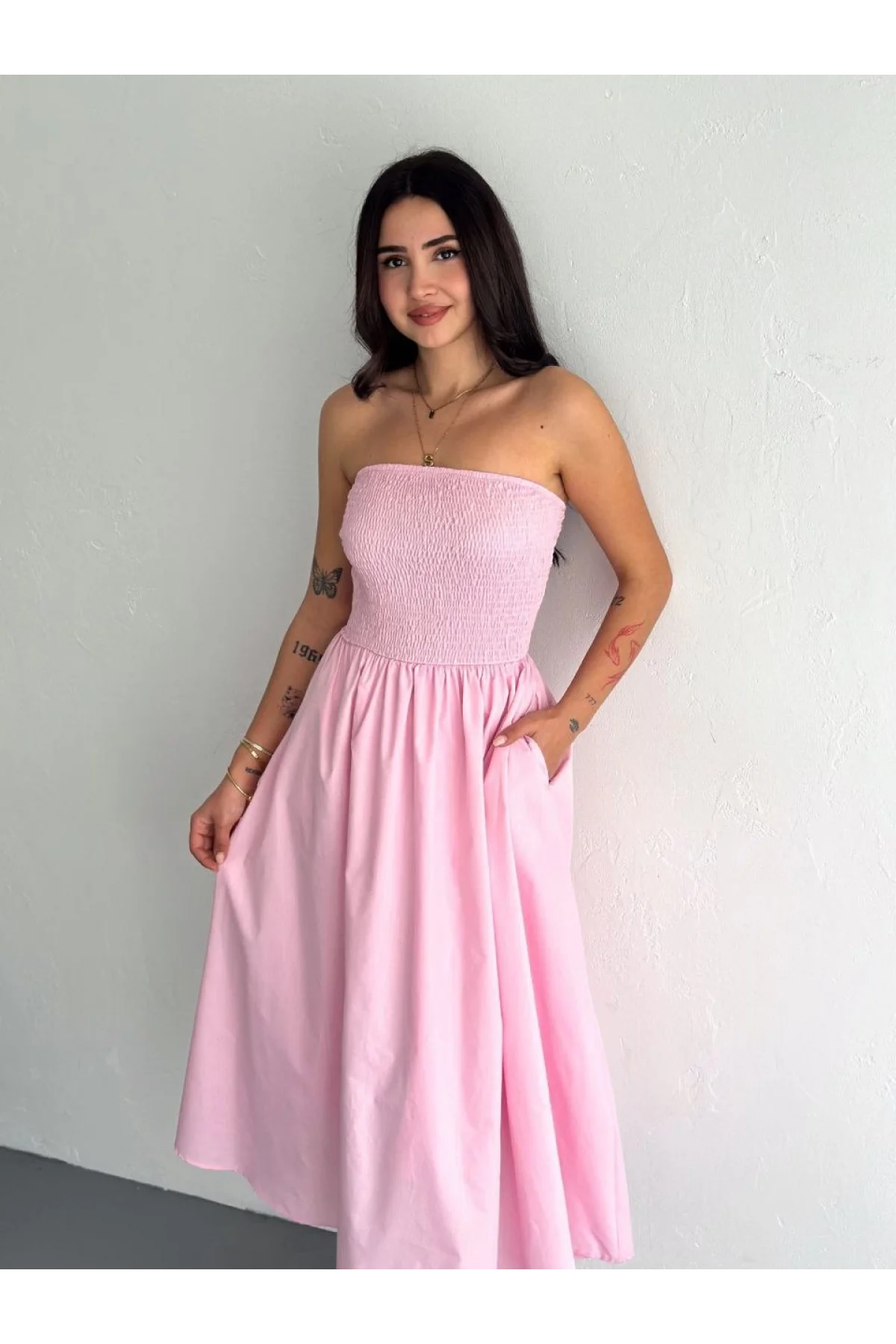 Straplez Pileli Elbise - Pembe