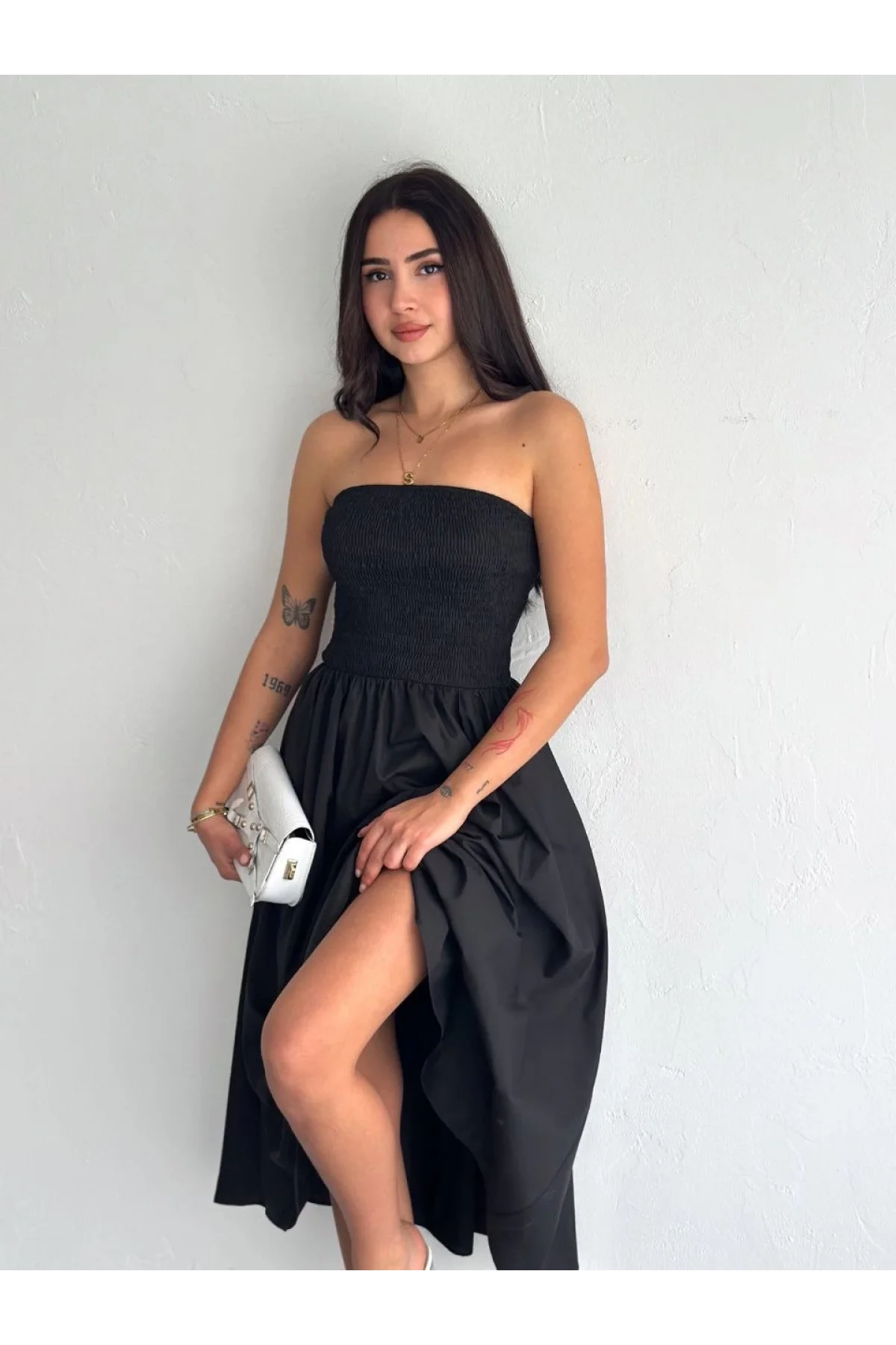 Straplez Pileli Elbise - Siyah