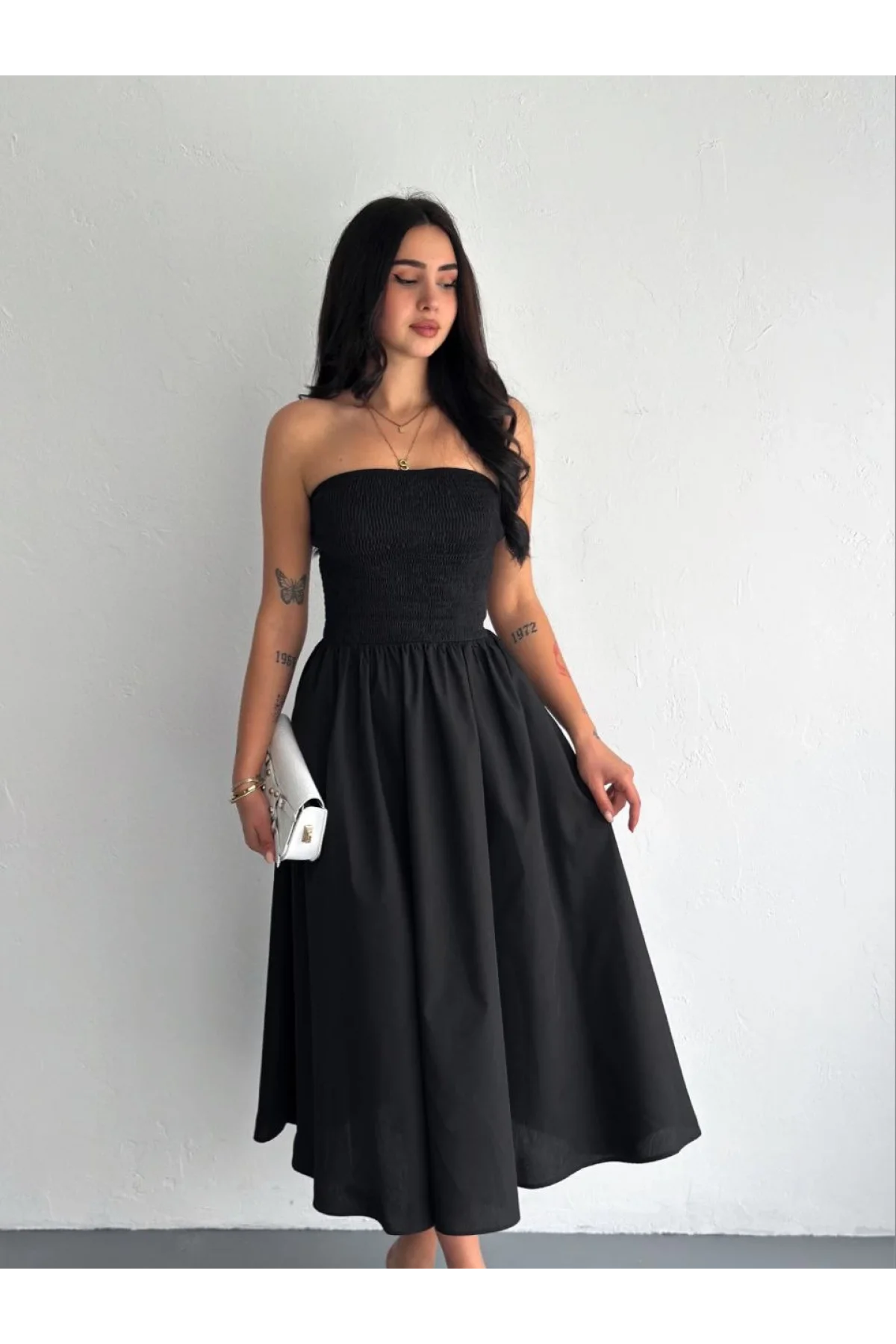 Straplez Pileli Elbise - Siyah