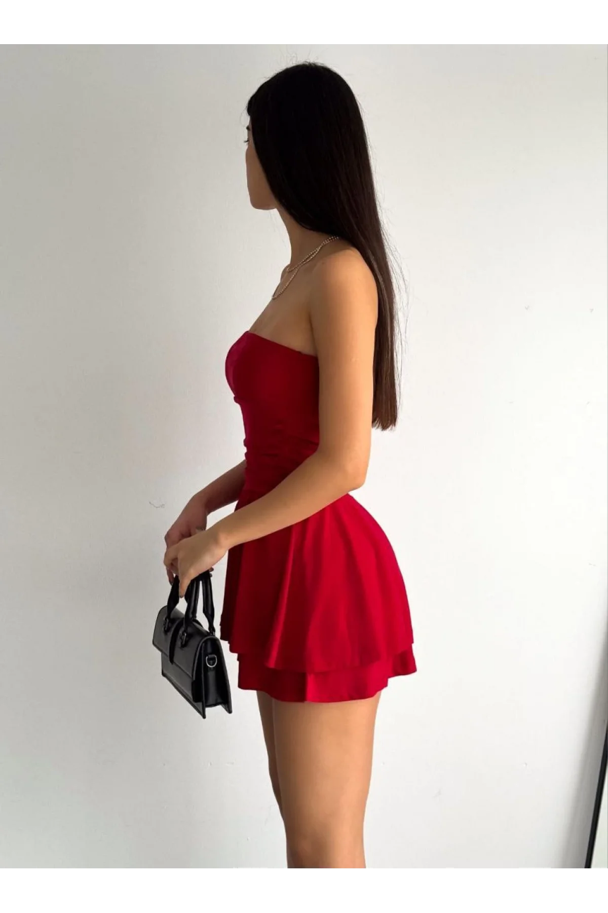 Straplez Sandy Kumaş Şortlu Prenses Etek Mini Kloş Elbise - Kırmızı