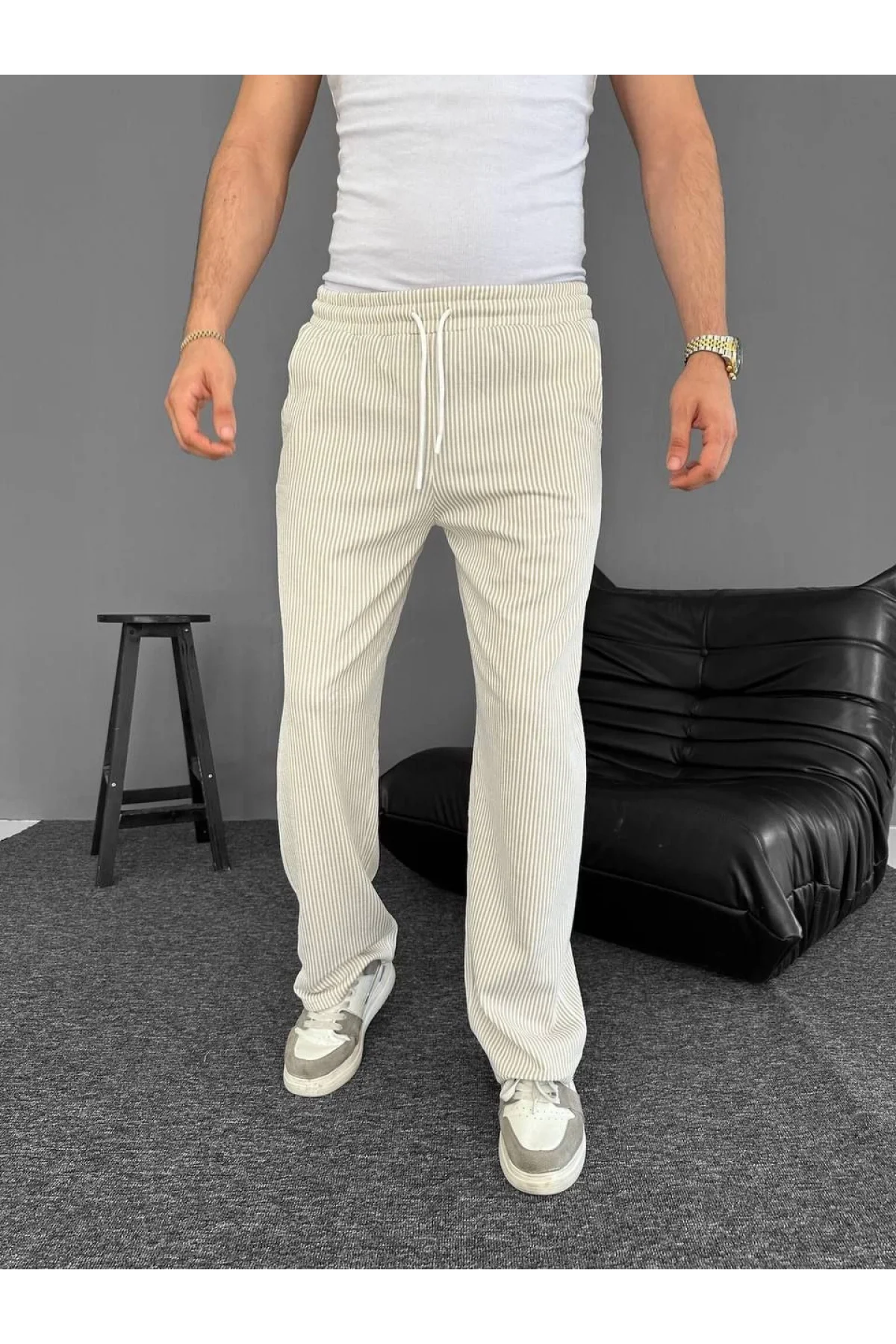 Erkek Su Yolu Çizgili Cepli Pantalon  - Bej