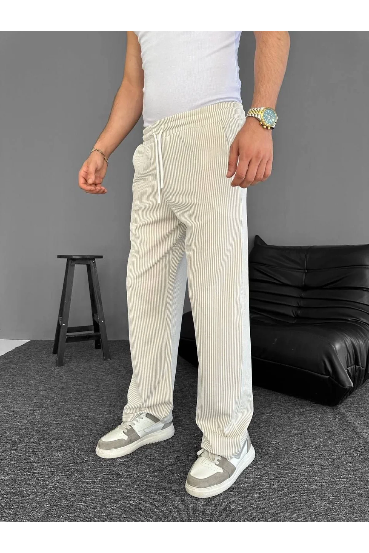 Erkek Su Yolu Çizgili Cepli Pantalon  - Bej