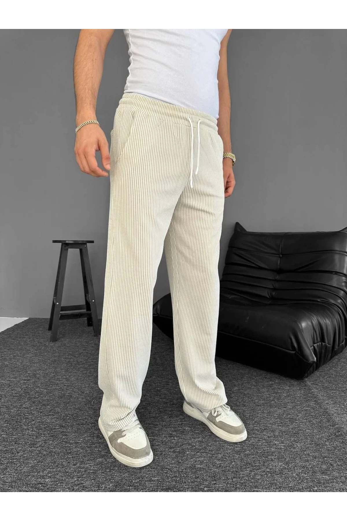 Erkek Su Yolu Çizgili Cepli Pantalon  - Bej