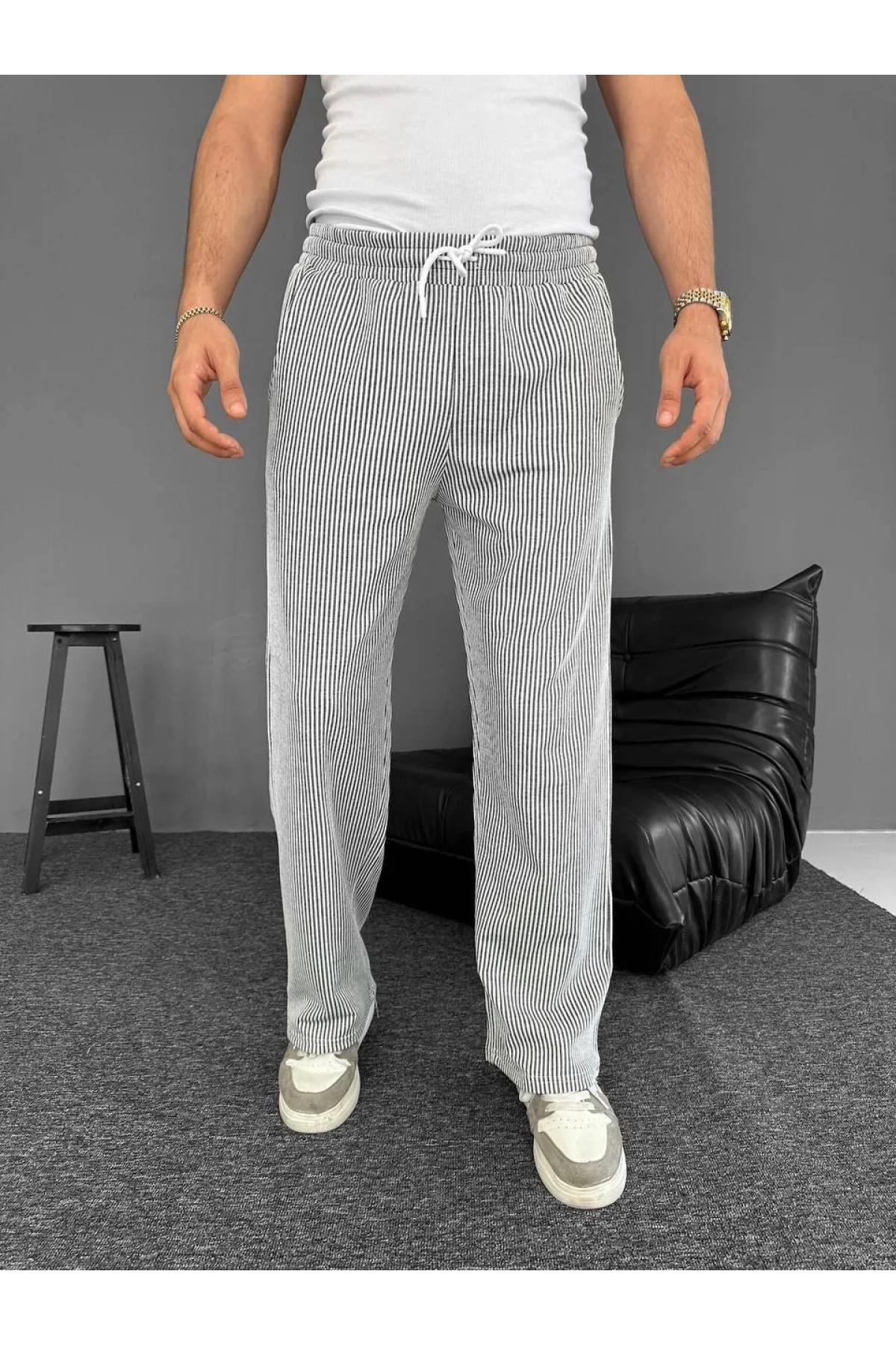 Su Yolu Çizgili Cepli Pantalon Yazlık - Gri