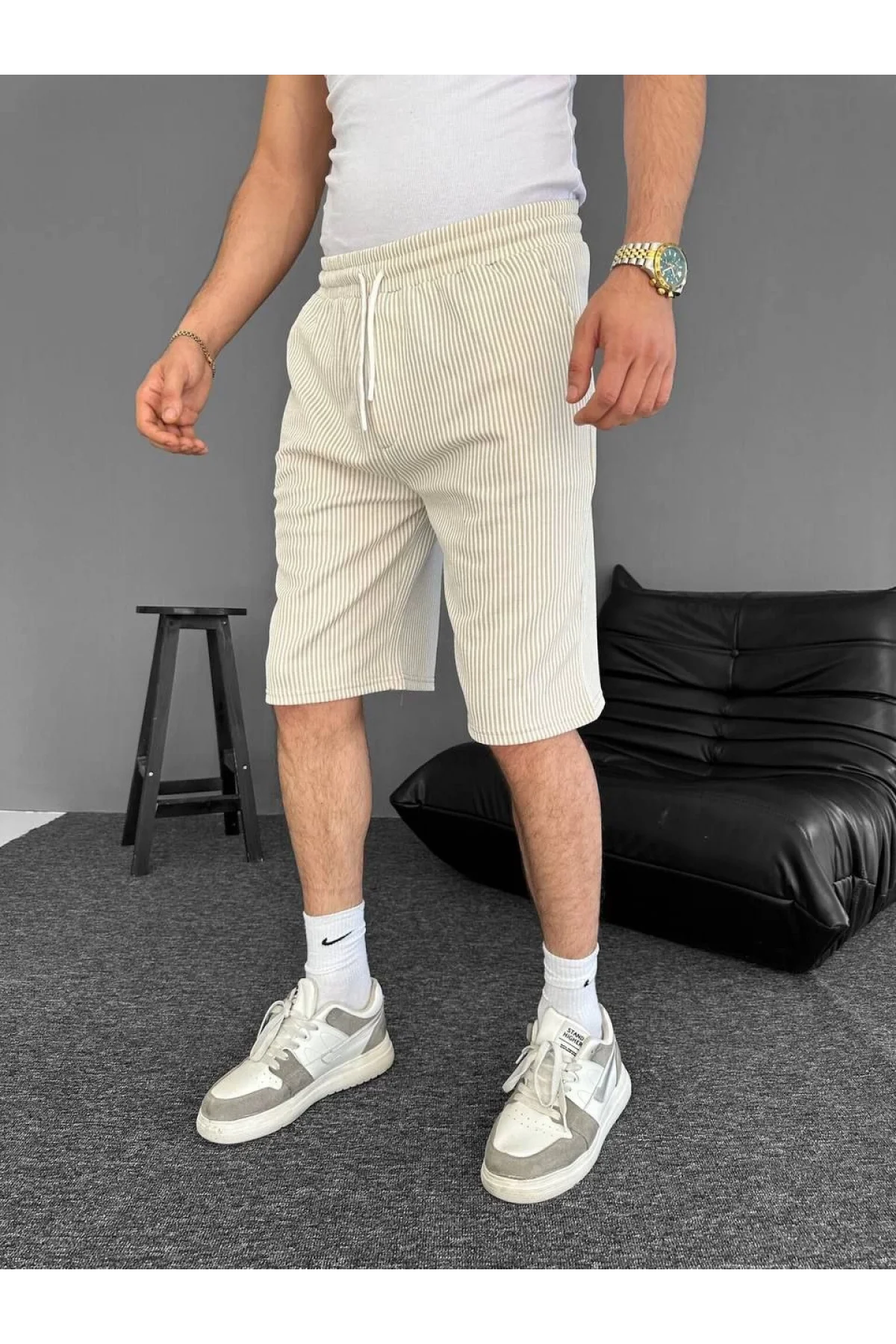 Su Yolu Çizgili Ön Arka Cepli Şort Yazlık Nefes Alabilir - Bej