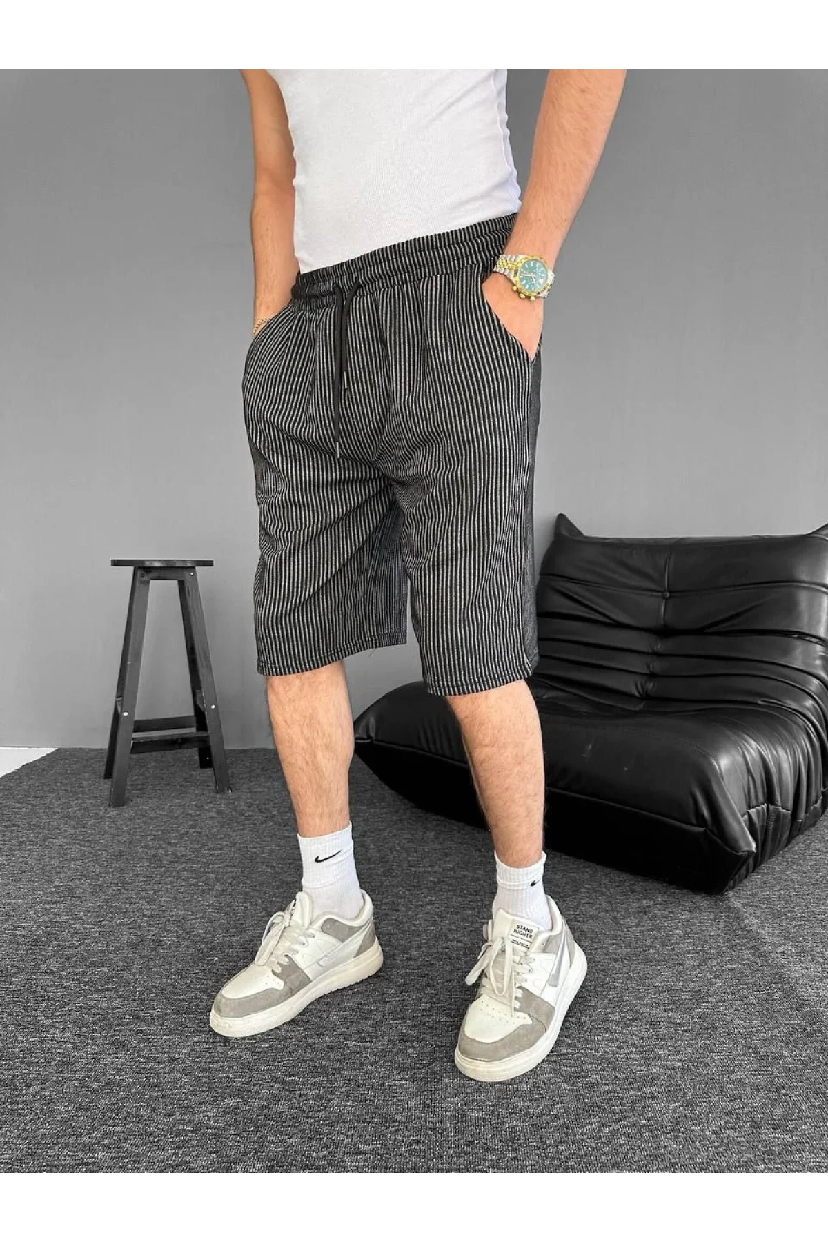 Su Yolu Çizgili Ön Arka Cepli Şort Yazlık Nefes Alabilir - Siyah