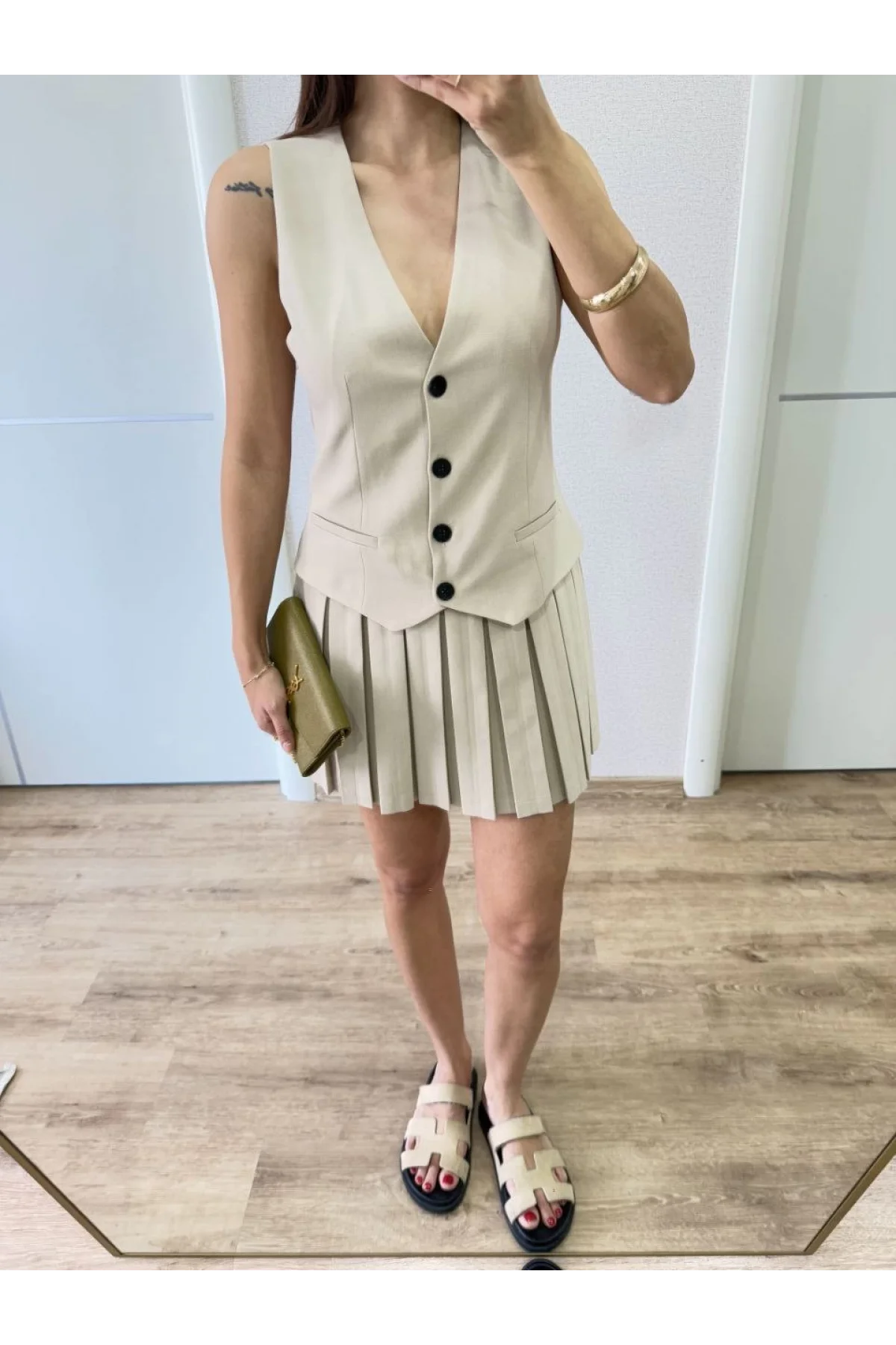 Keten Takım Görünümlü Düğme Detaylı Yelekli Mini Elbise - Bej
